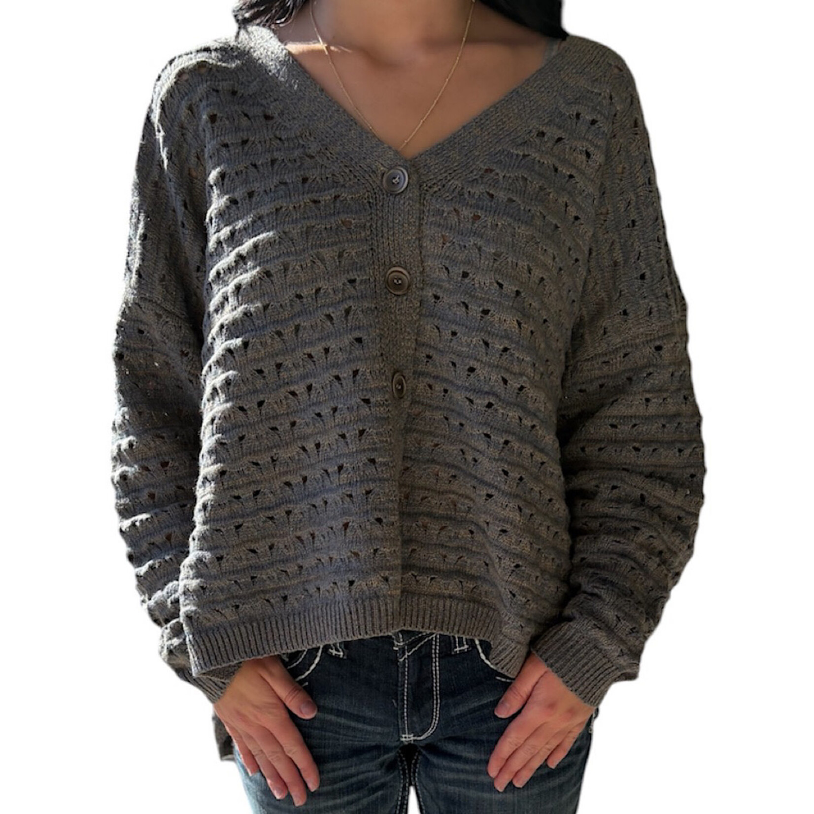 Grey Oversize Striped V-Neck Button Down Cardigan