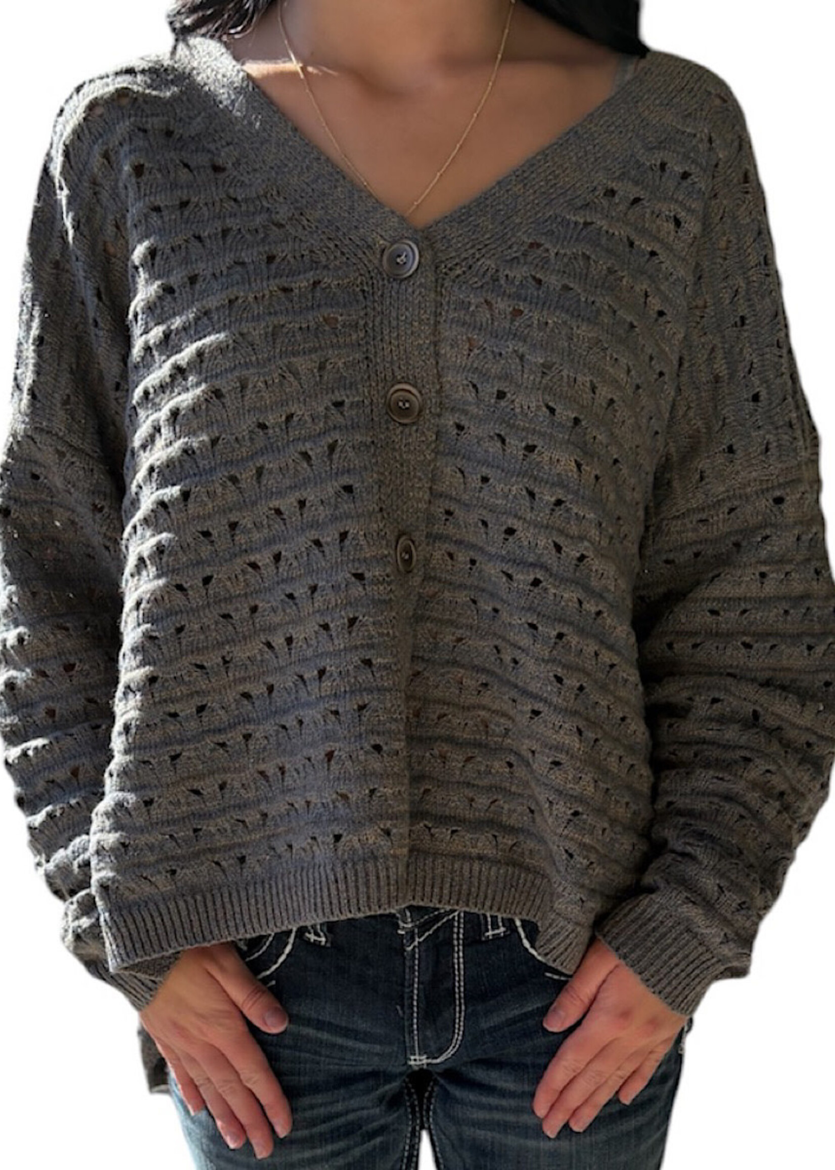 Grey Oversize Striped V-Neck Button Down Cardigan