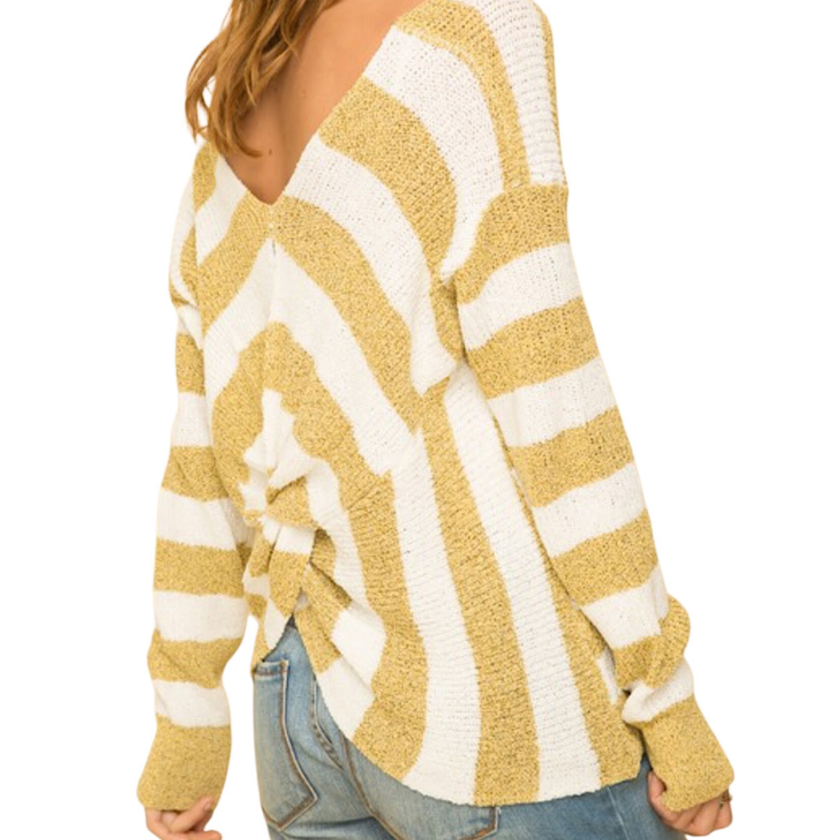 Mustard Knotted Back Stripe Pullover Sweater