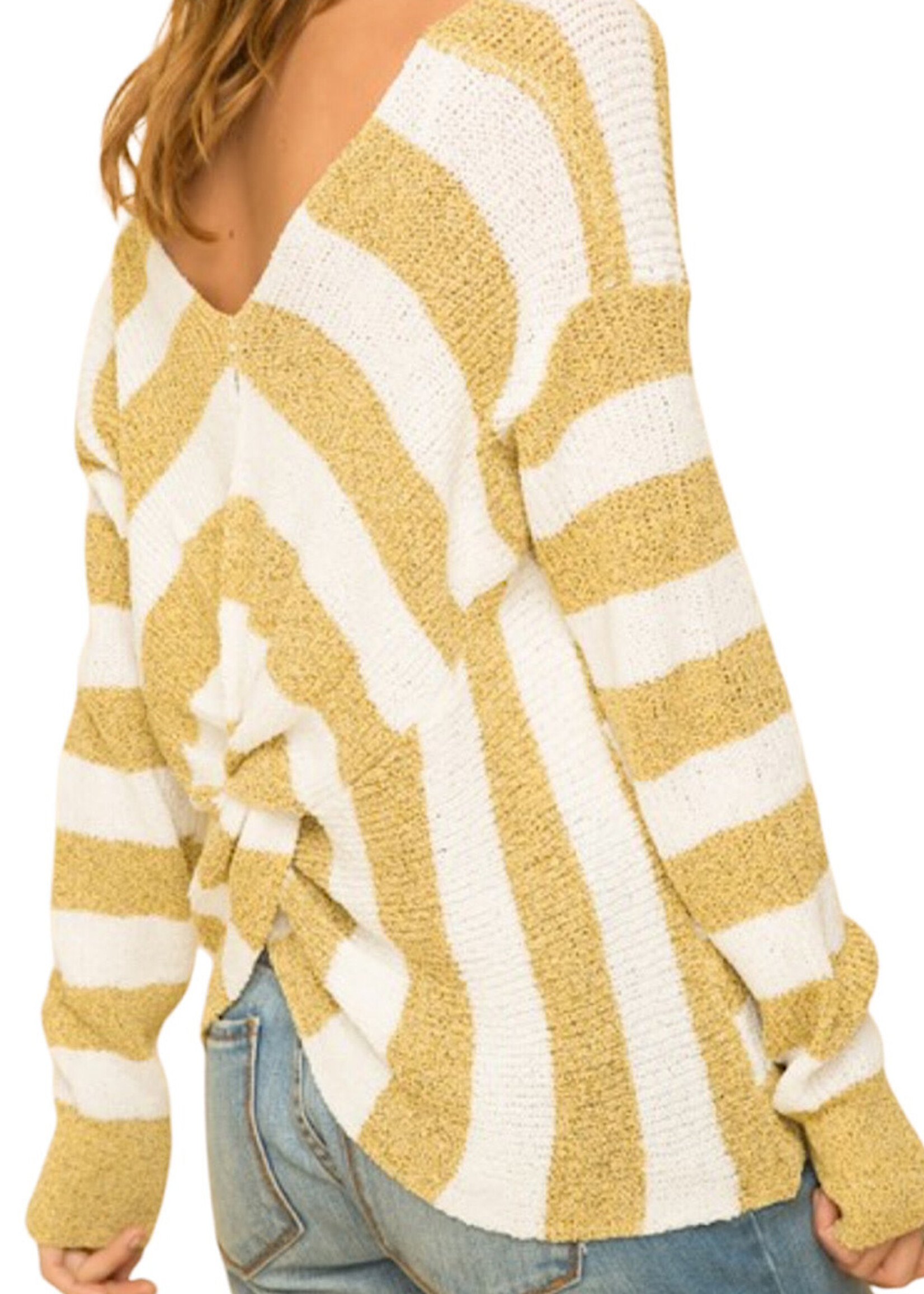 Mustard Knotted Back Stripe Pullover Sweater