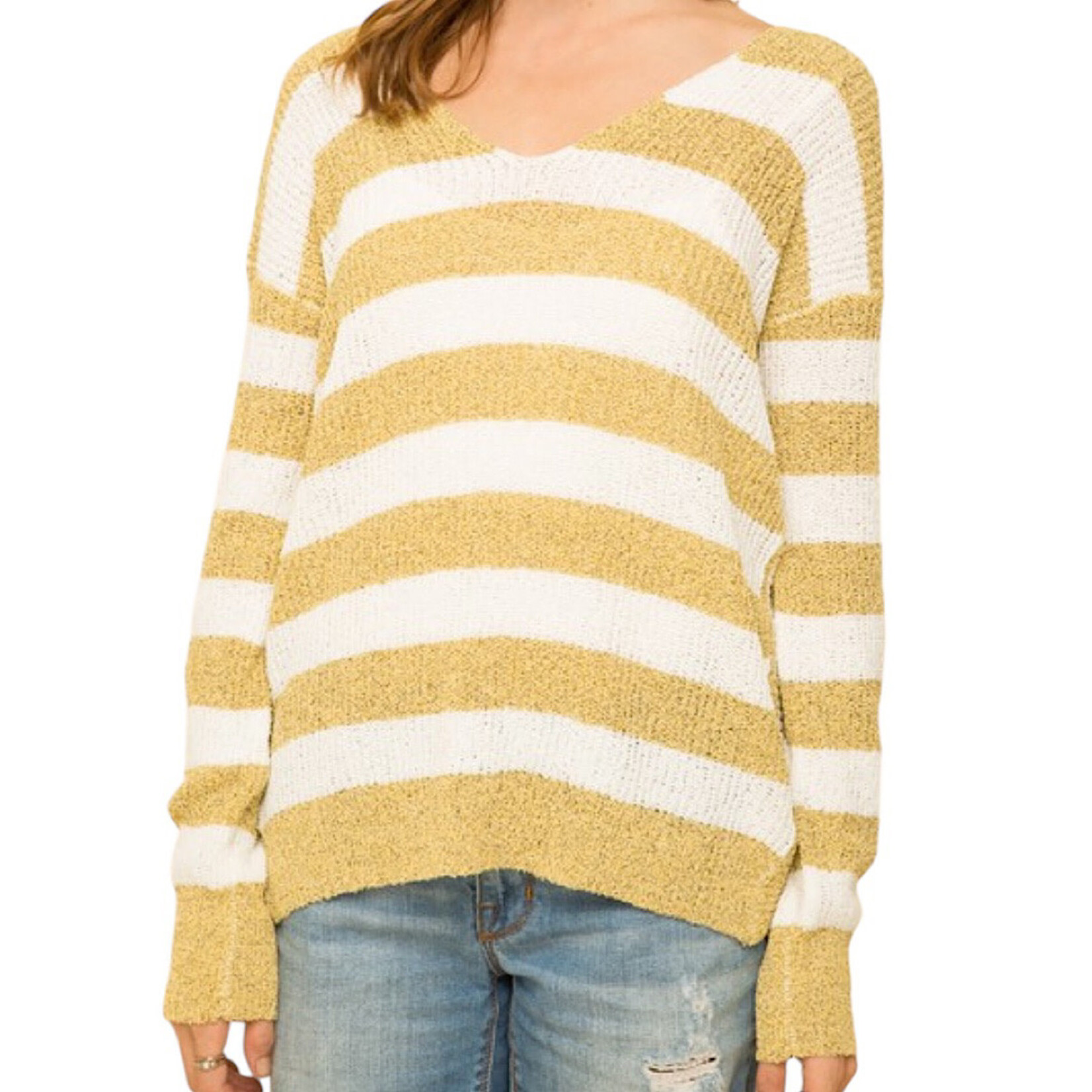 Mustard Knotted Back Stripe Pullover Sweater