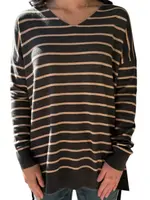 Olive/Beige Boat Neck Stripe Knit Sweater with Side Slit