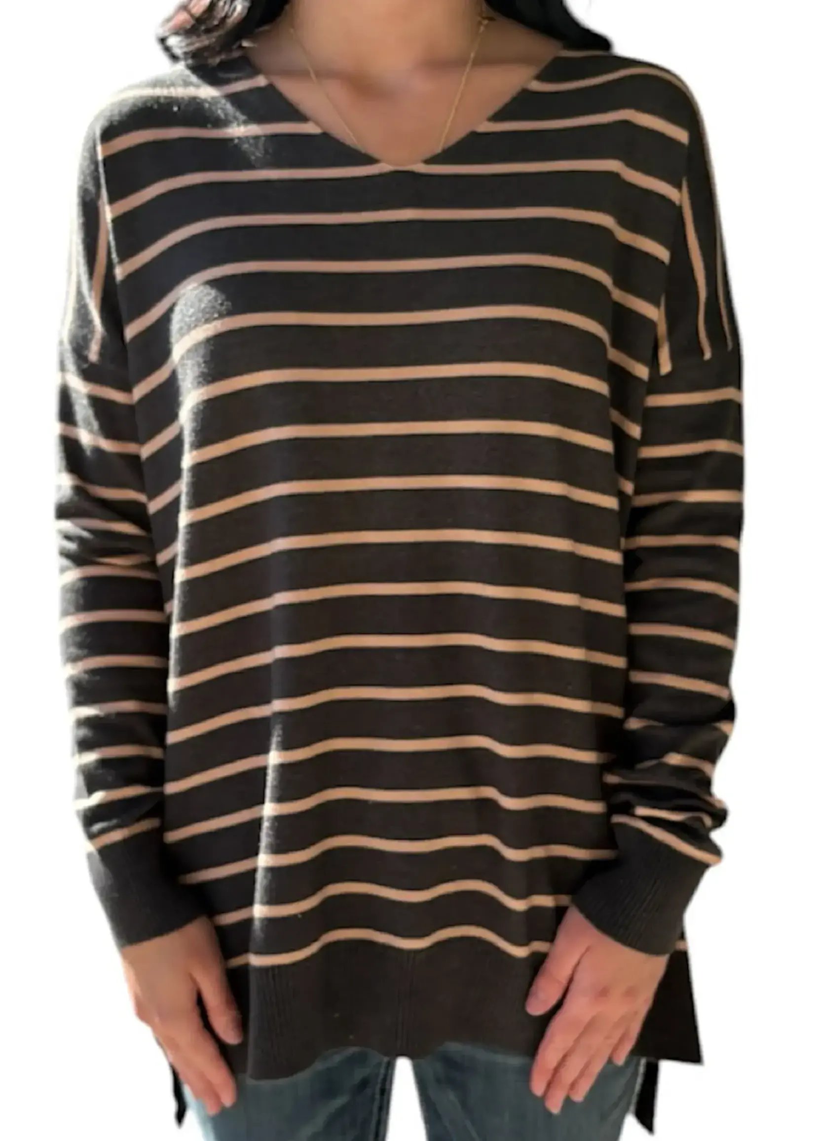Olive/Beige Boat Neck Stripe Knit Sweater with Side Slit
