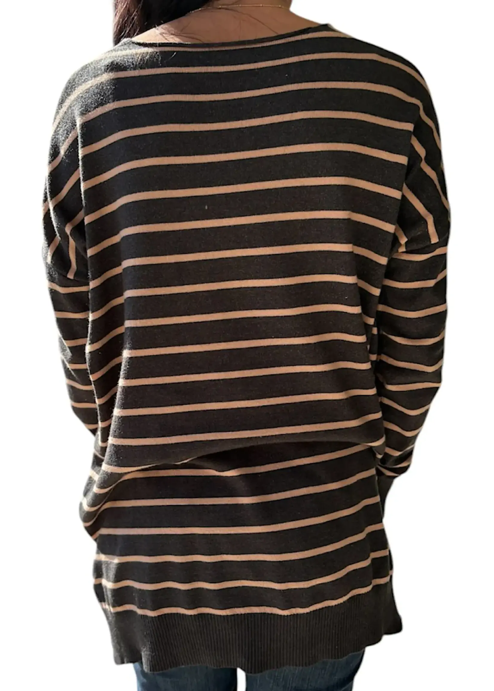 Olive/Beige Boat Neck Stripe Knit Sweater with Side Slit