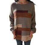 Grey Obstract Print Boat Neck Knit Sweater with Raw Hem