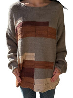 Grey Obstract Print Boat Neck Knit Sweater with Raw Hem