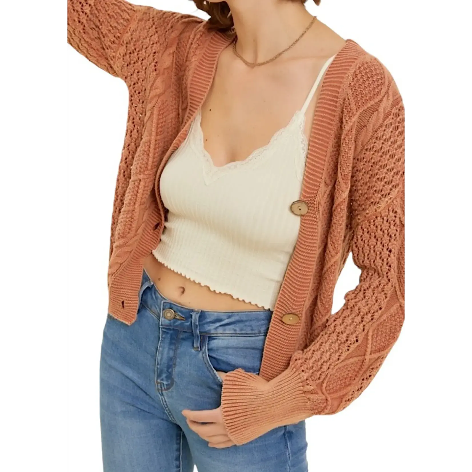 Baked Clay Washed Cable Knit Button Down Crop Cardigan