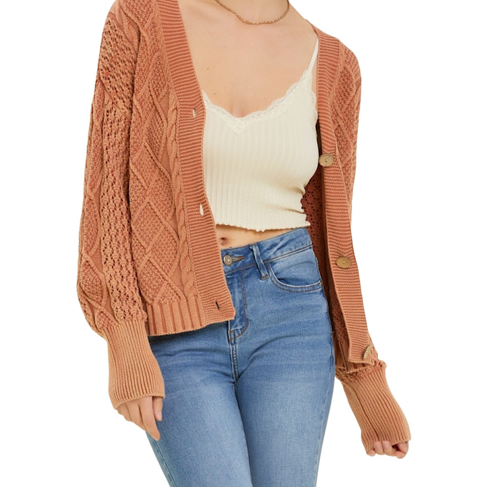Baked Clay Washed Cable Knit Button Down Crop Cardigan