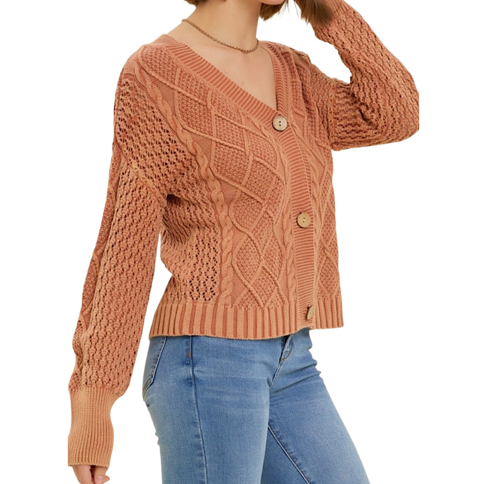Baked Clay Washed Cable Knit Button Down Crop Cardigan