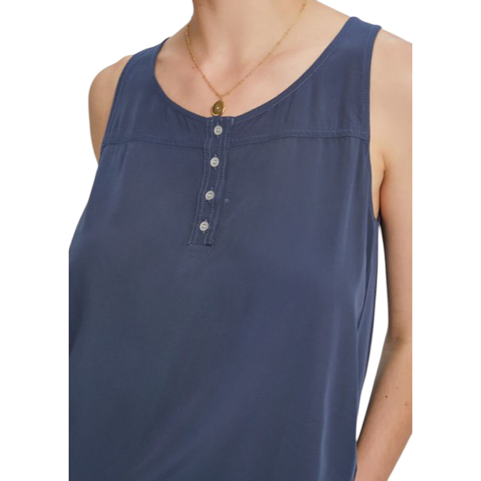 Charcoal Blue Scoop Neck Flowy Tank With 3/4 Metal Buttons