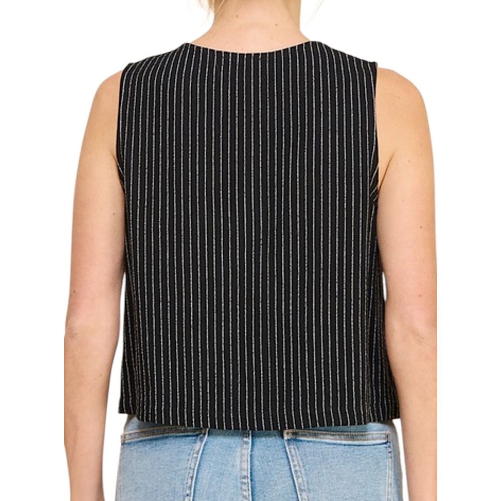 Black/White Stripe Linen Blend Tank with Split Lapel