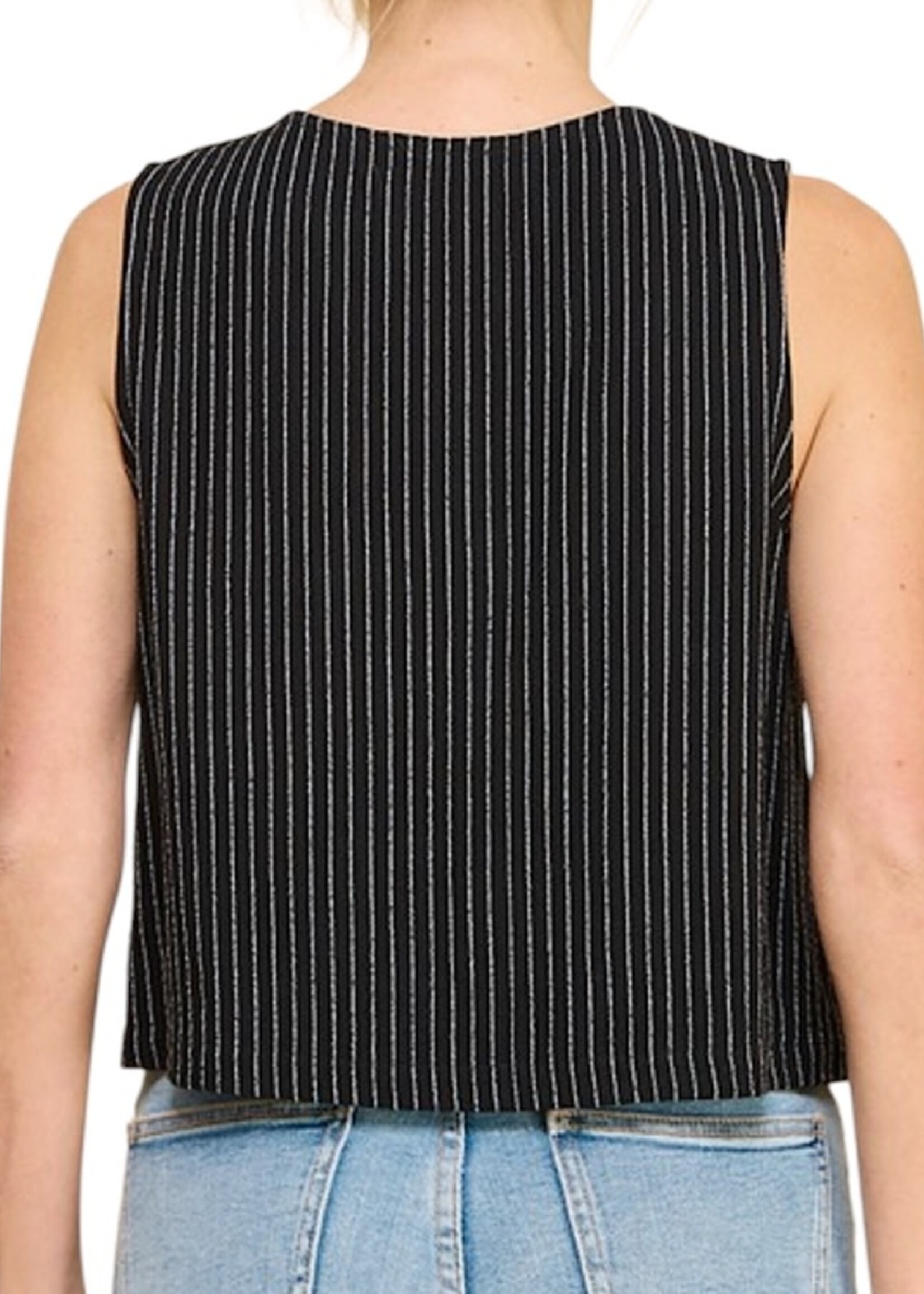 Black/White Stripe Linen Blend Tank with Split Lapel