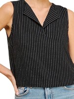 Black/White Stripe Linen Blend Tank with Split Lapel
