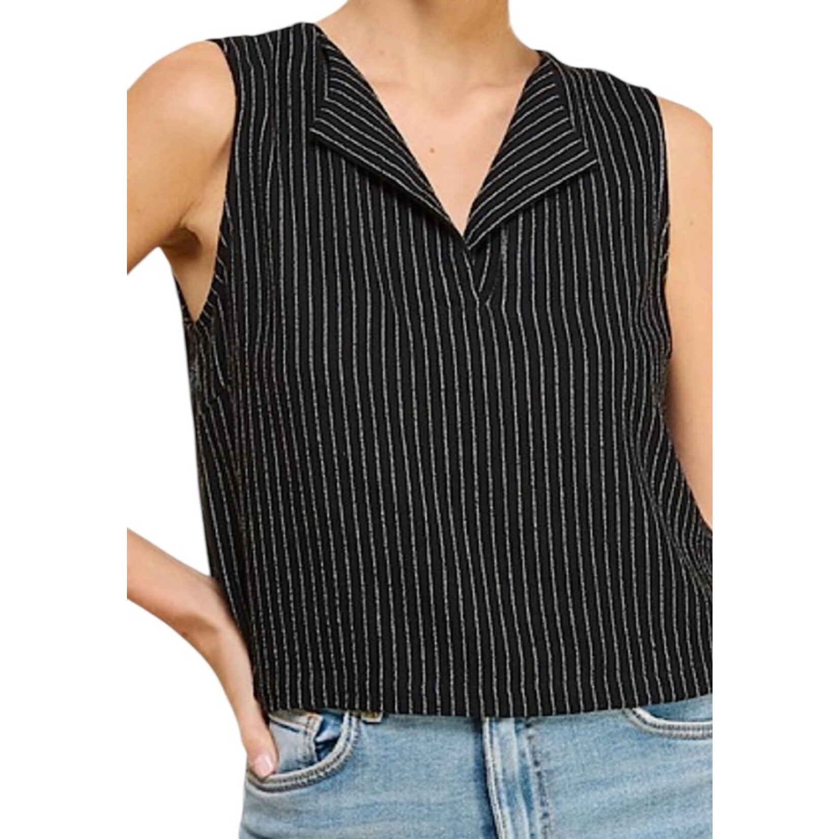 Black/White Stripe Linen Blend Tank with Split Lapel
