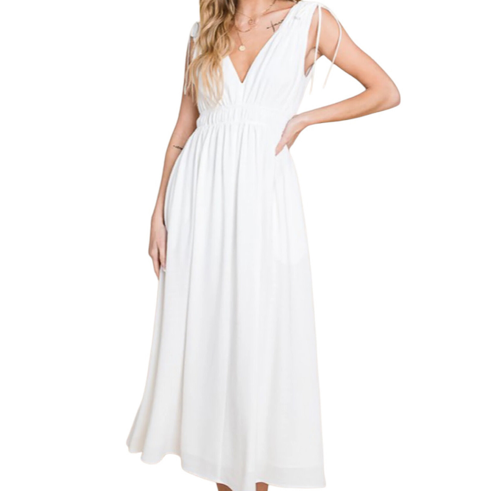 Snow White Texture Woven Midi Flare Dress with Pockets