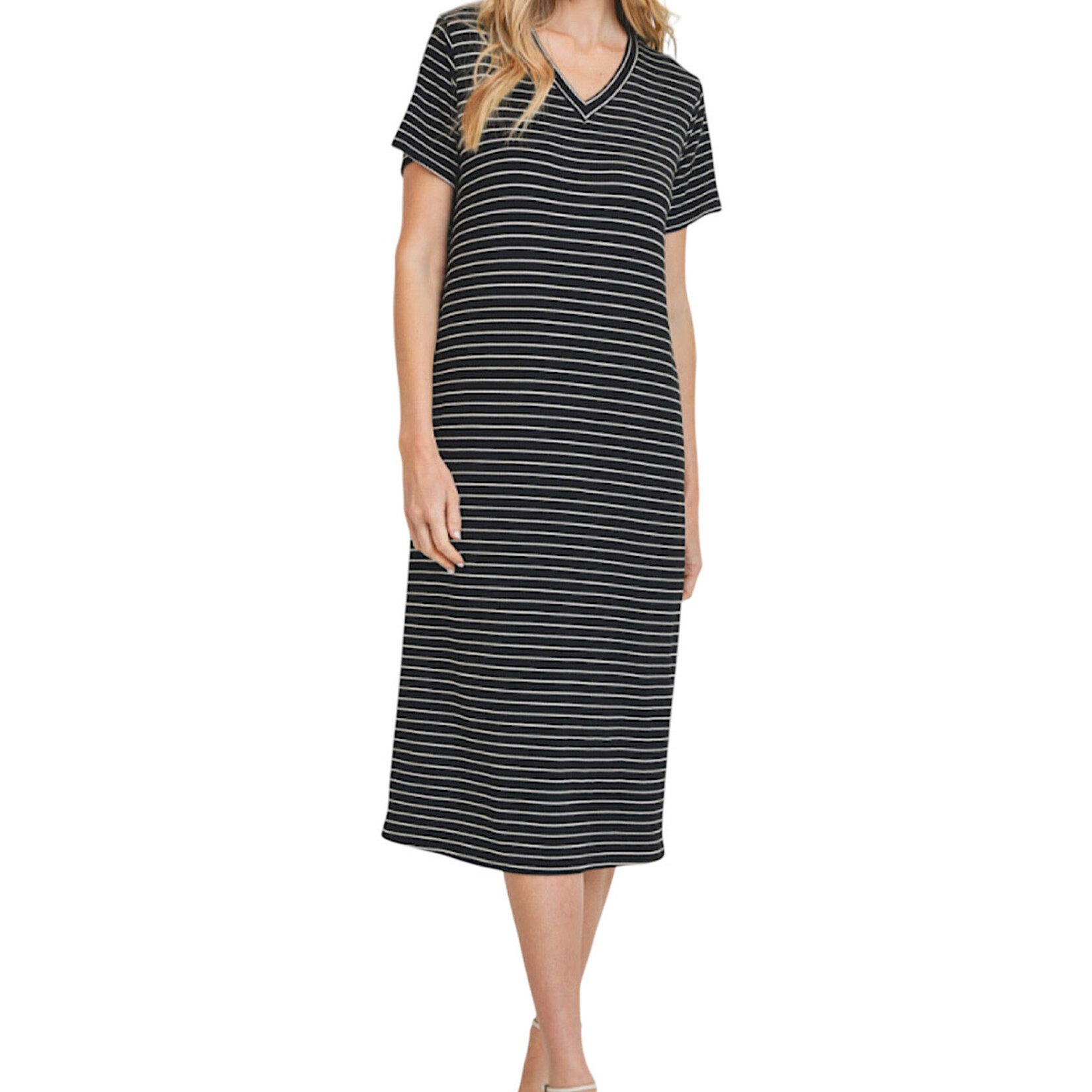 Black/White V Neck Short Sleeve Maxi Dress