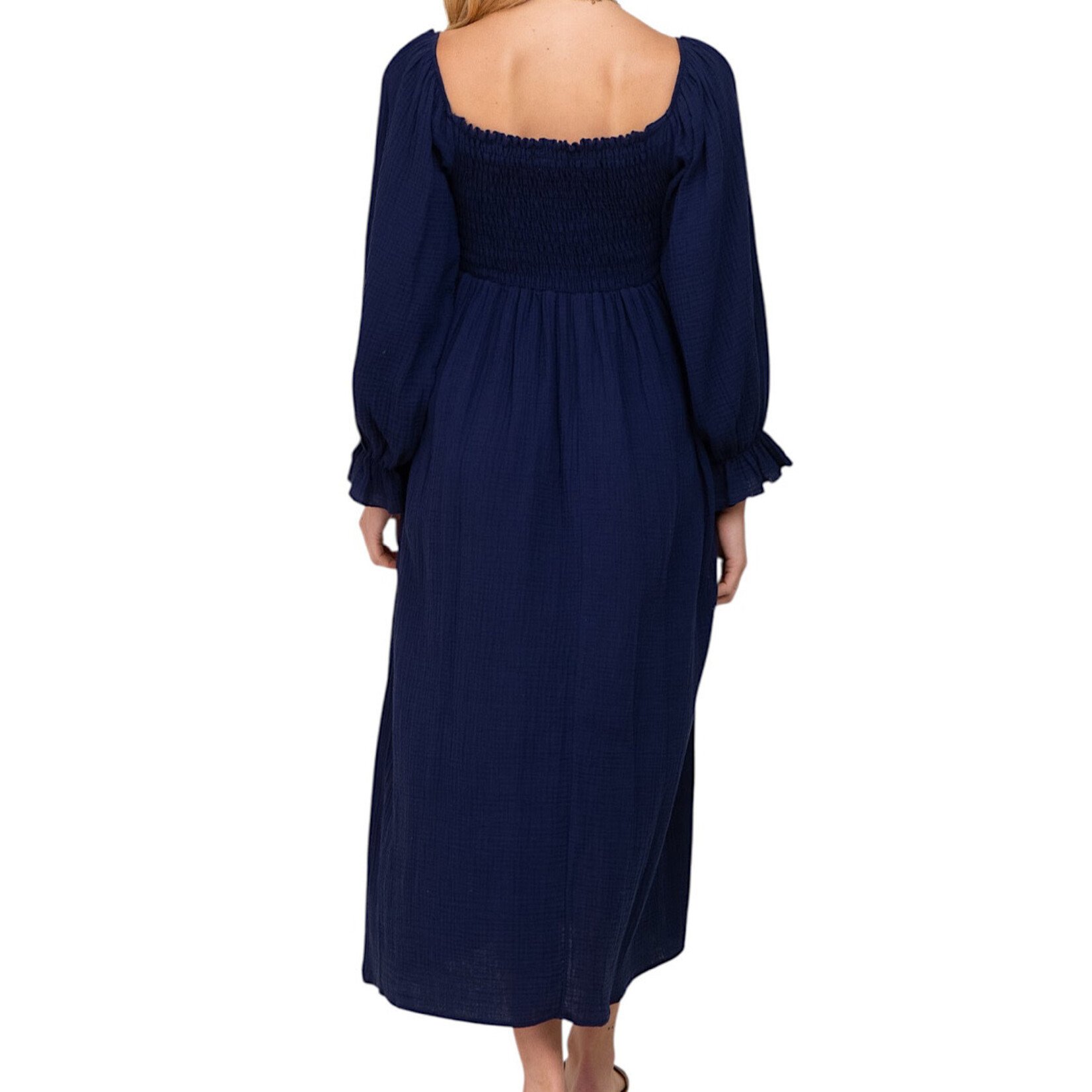 Navy Gauze Solid Smocking Off Shoulder Maxi Dress