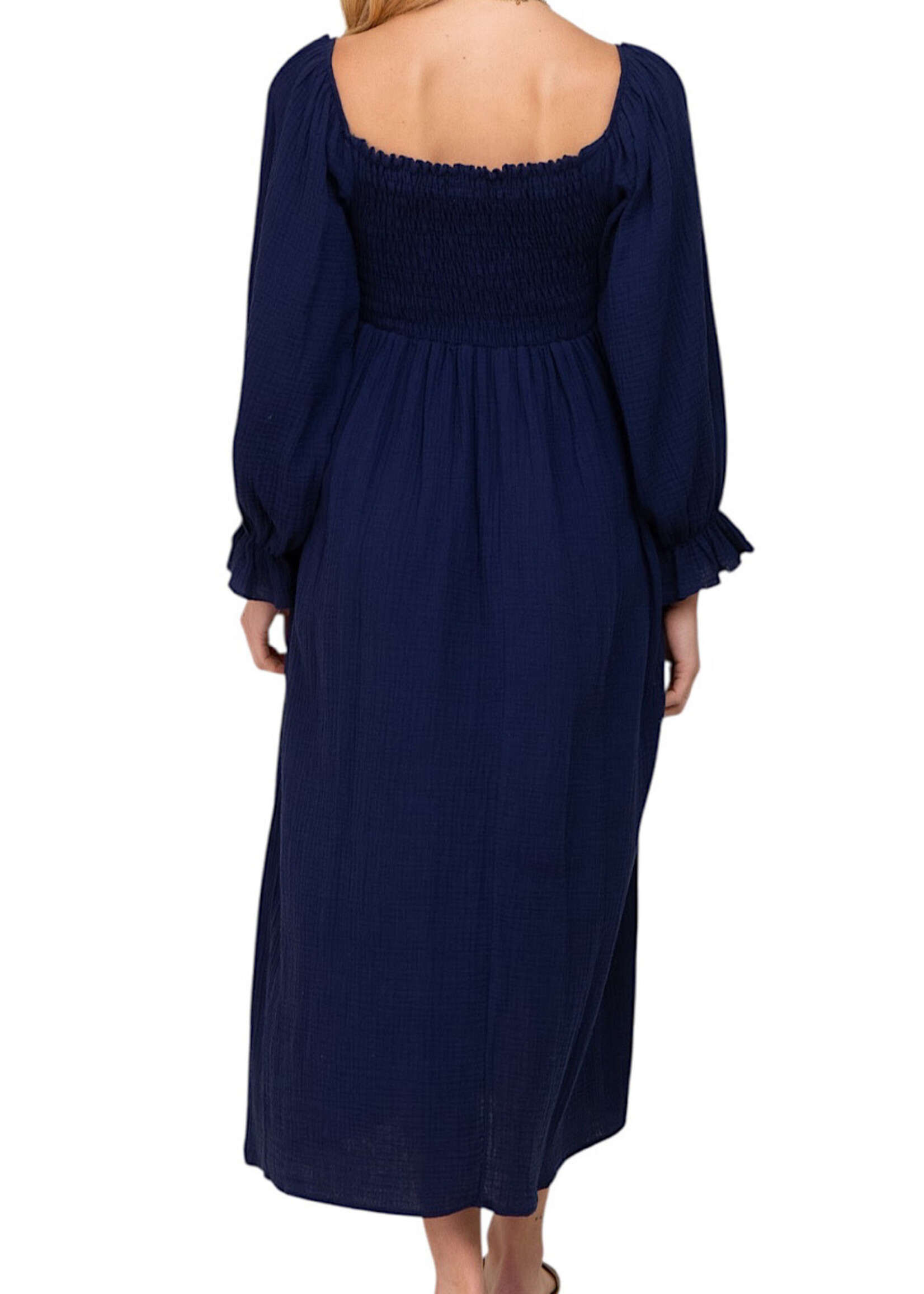 Navy Gauze Solid Smocking Off Shoulder Maxi Dress