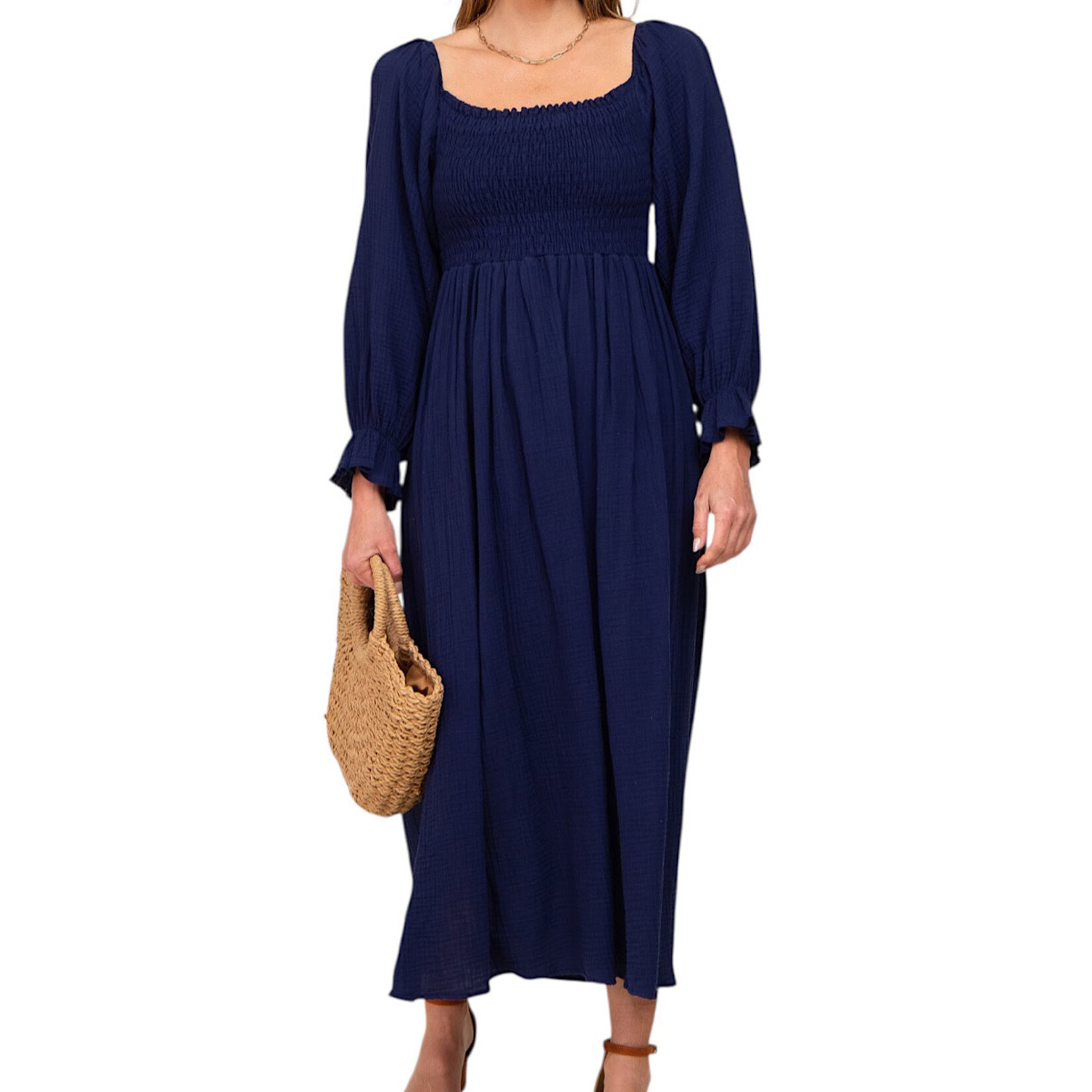 Navy Gauze Solid Smocking Off Shoulder Maxi Dress