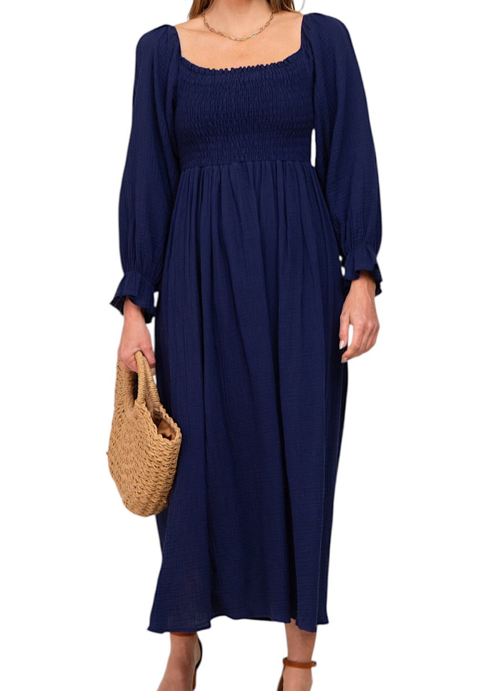 Navy Gauze Solid Smocking Off Shoulder Maxi Dress
