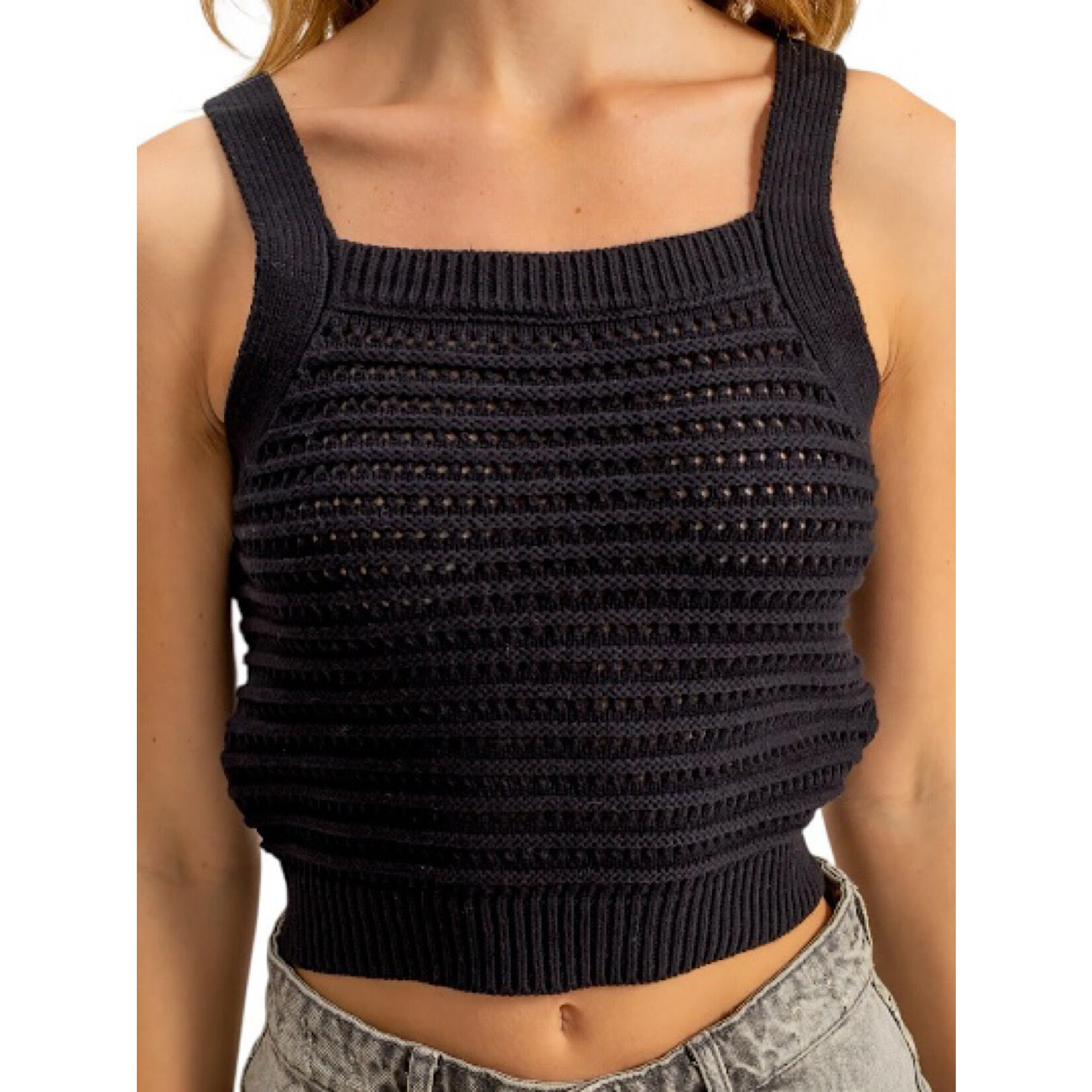 Black Square Neck Fitted Knit Crop Tank
