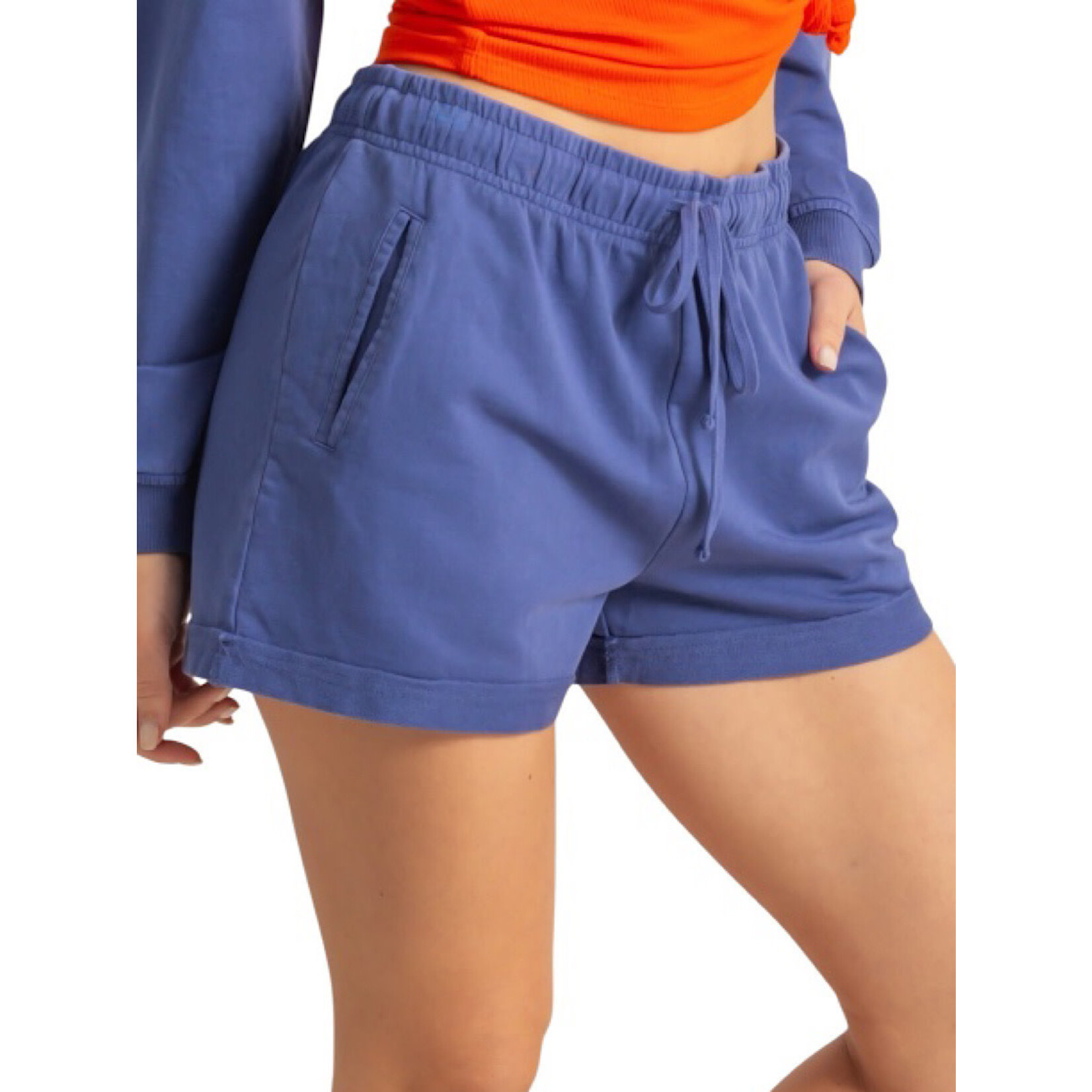 Dusty Indigo Raw Edge Drawstring Shorts