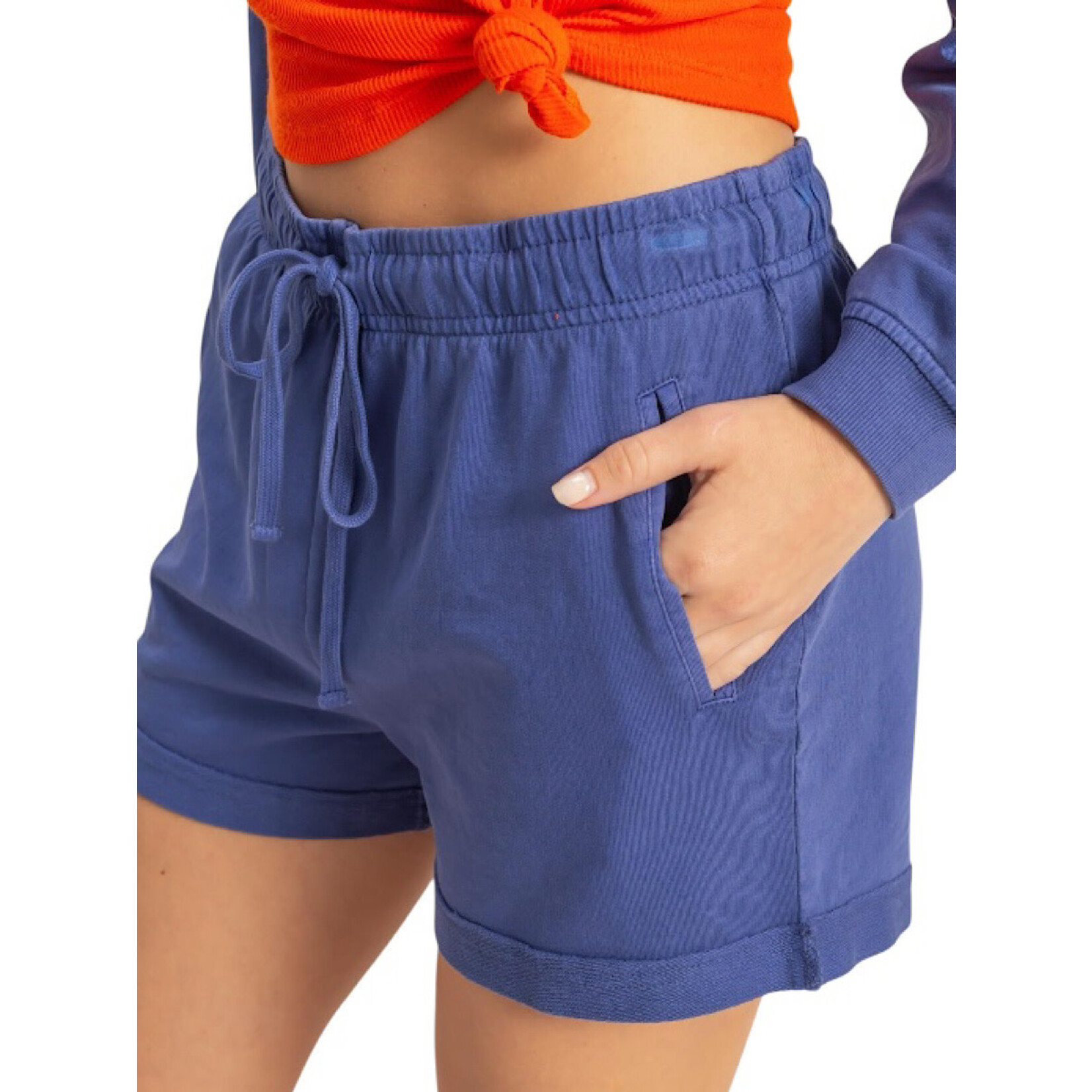 Dusty Indigo Raw Edge Drawstring Shorts