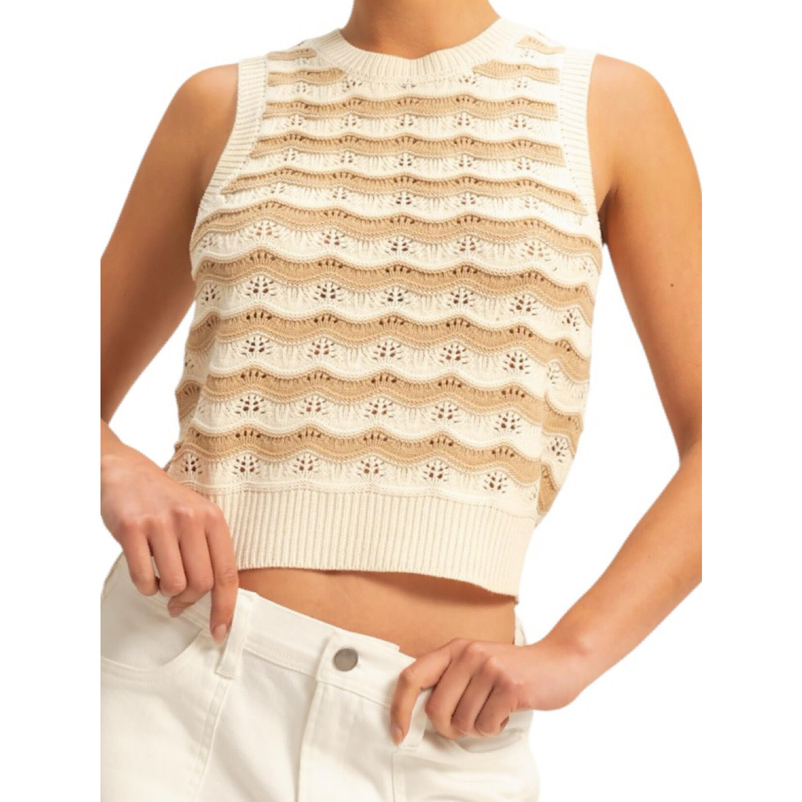 Taupe/Cream Crop Wave Crochet Knit Sleeveless Tank