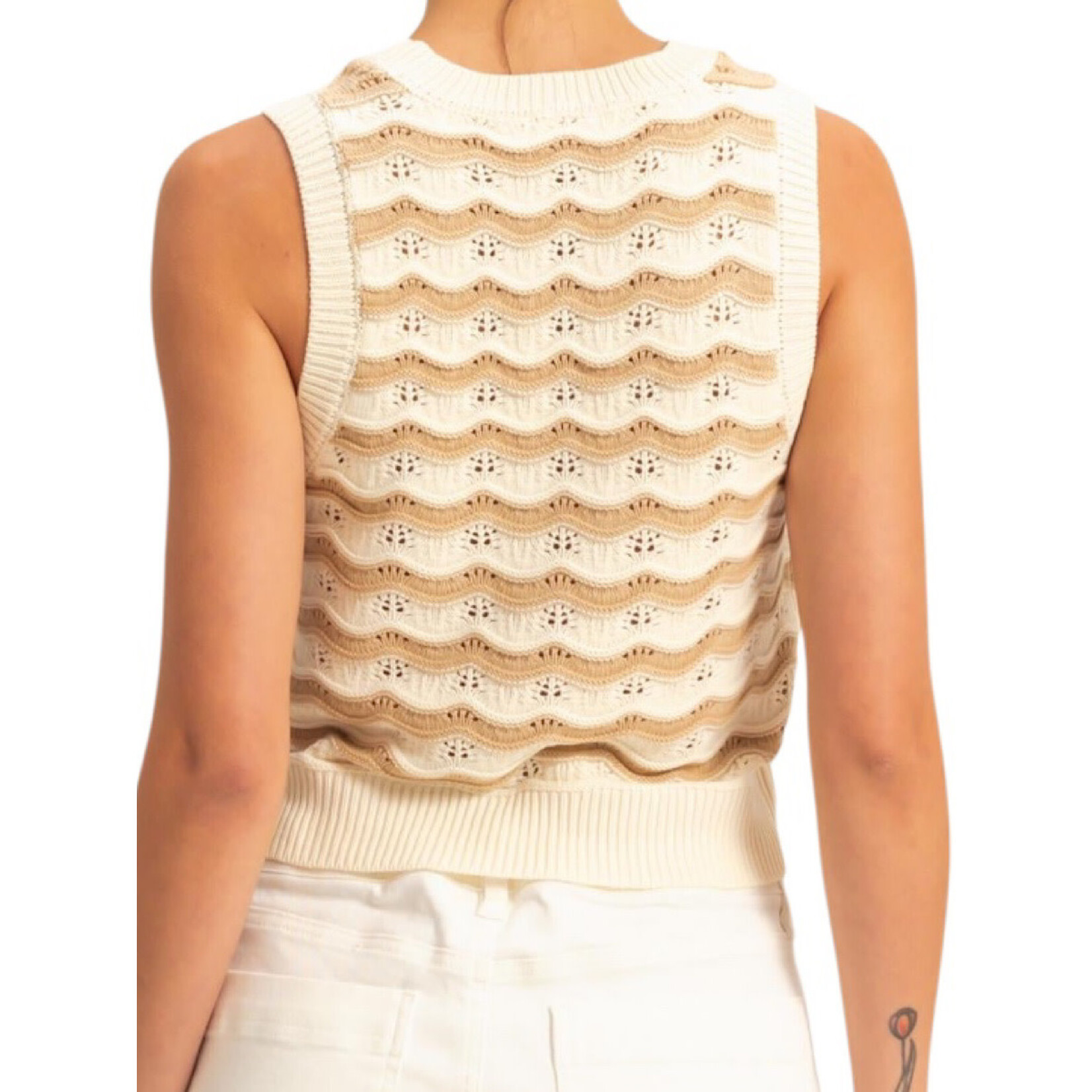 Taupe/Cream Crop Wave Crochet Knit Sleeveless Tank
