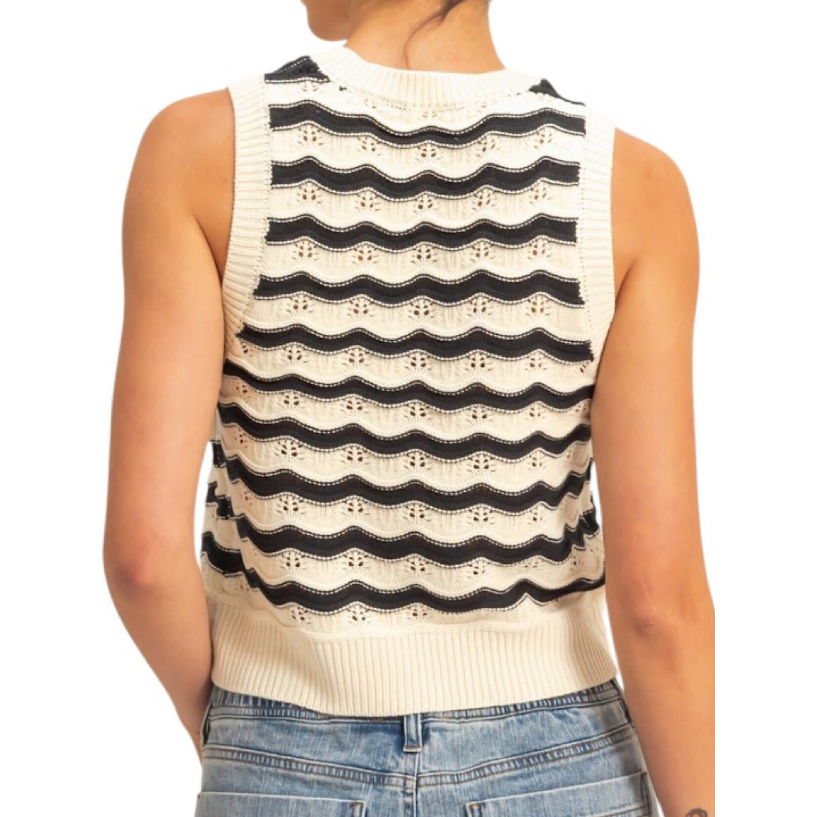 Black/Cream Crop Wave Crochet Knit Sleeveless Tank