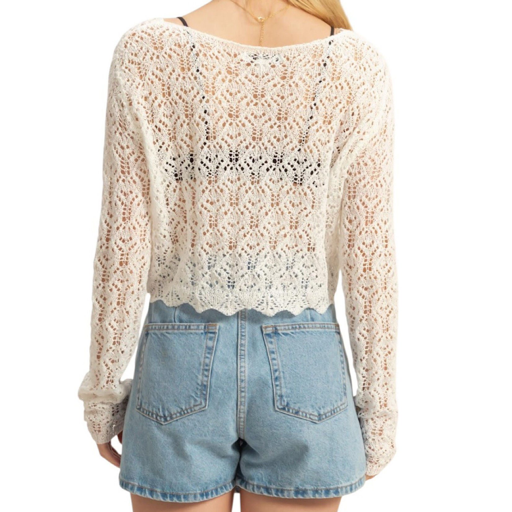 Off White Sheer Crop Crochet Knit Long Sleeve Top