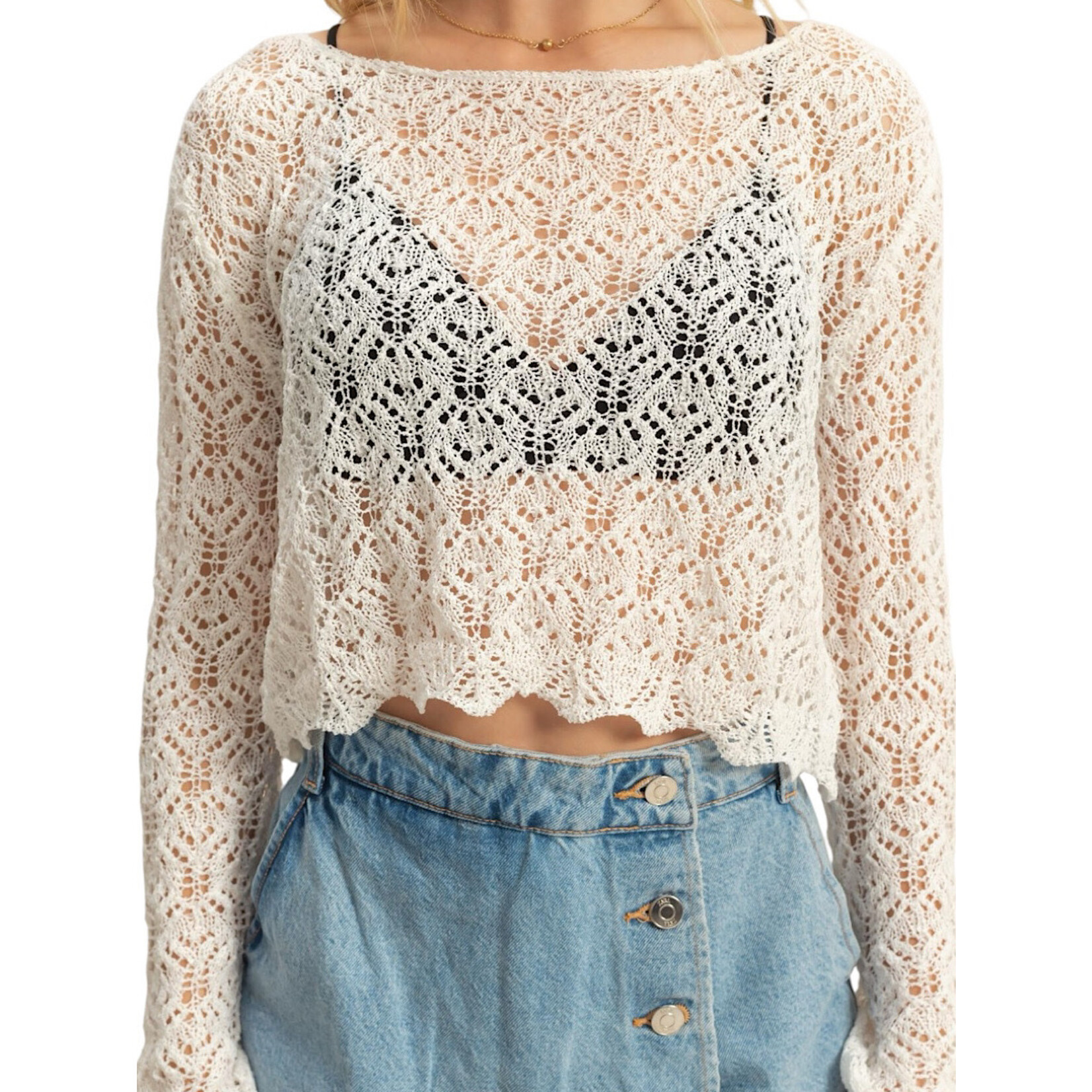 Off White Sheer Crop Crochet Knit Long Sleeve Top