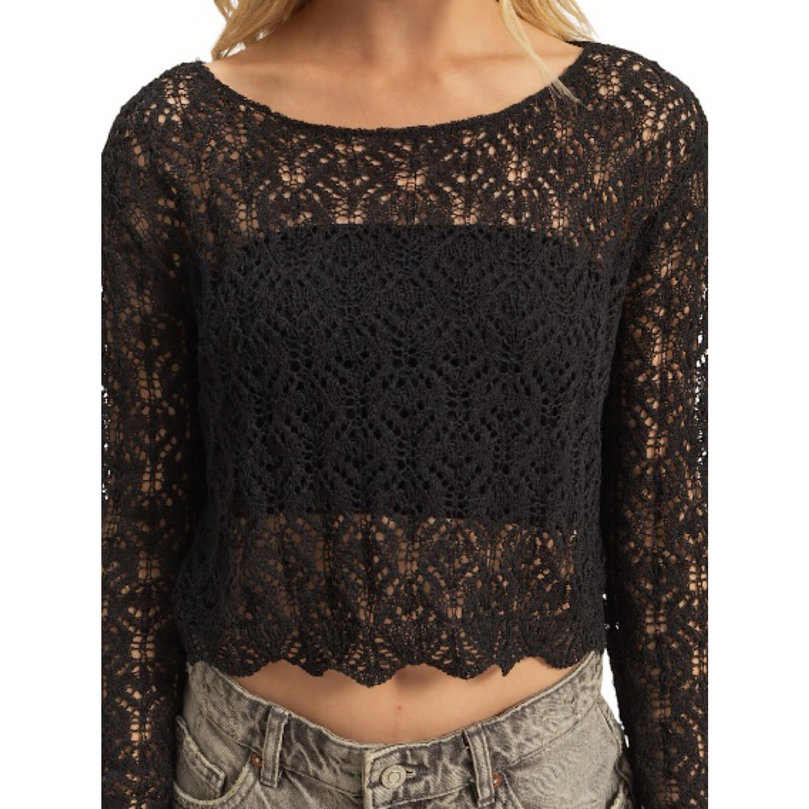 Black Sheer Crop Crochet Knit Long Sleeve Top