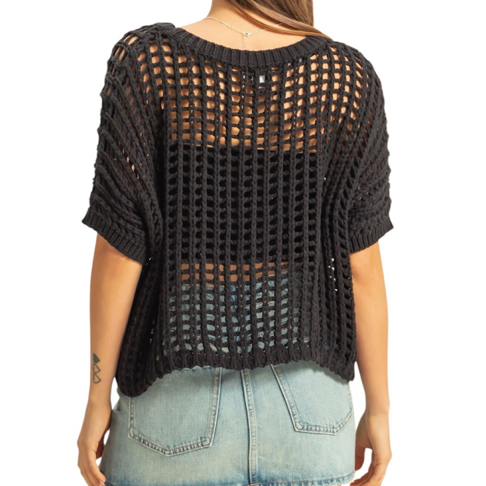 Black Open Stitch Crochet Knit Top