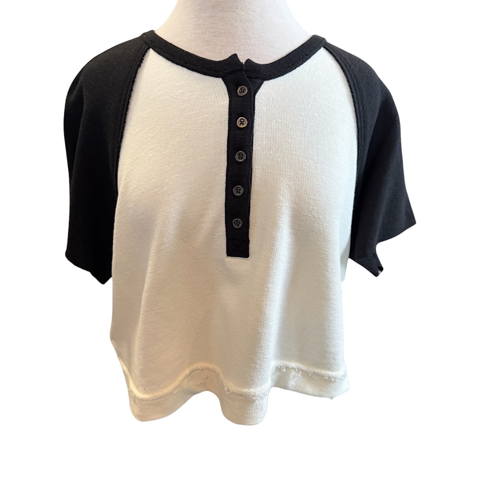 Black/Cream Short Sleeve Half Button Crop Tee