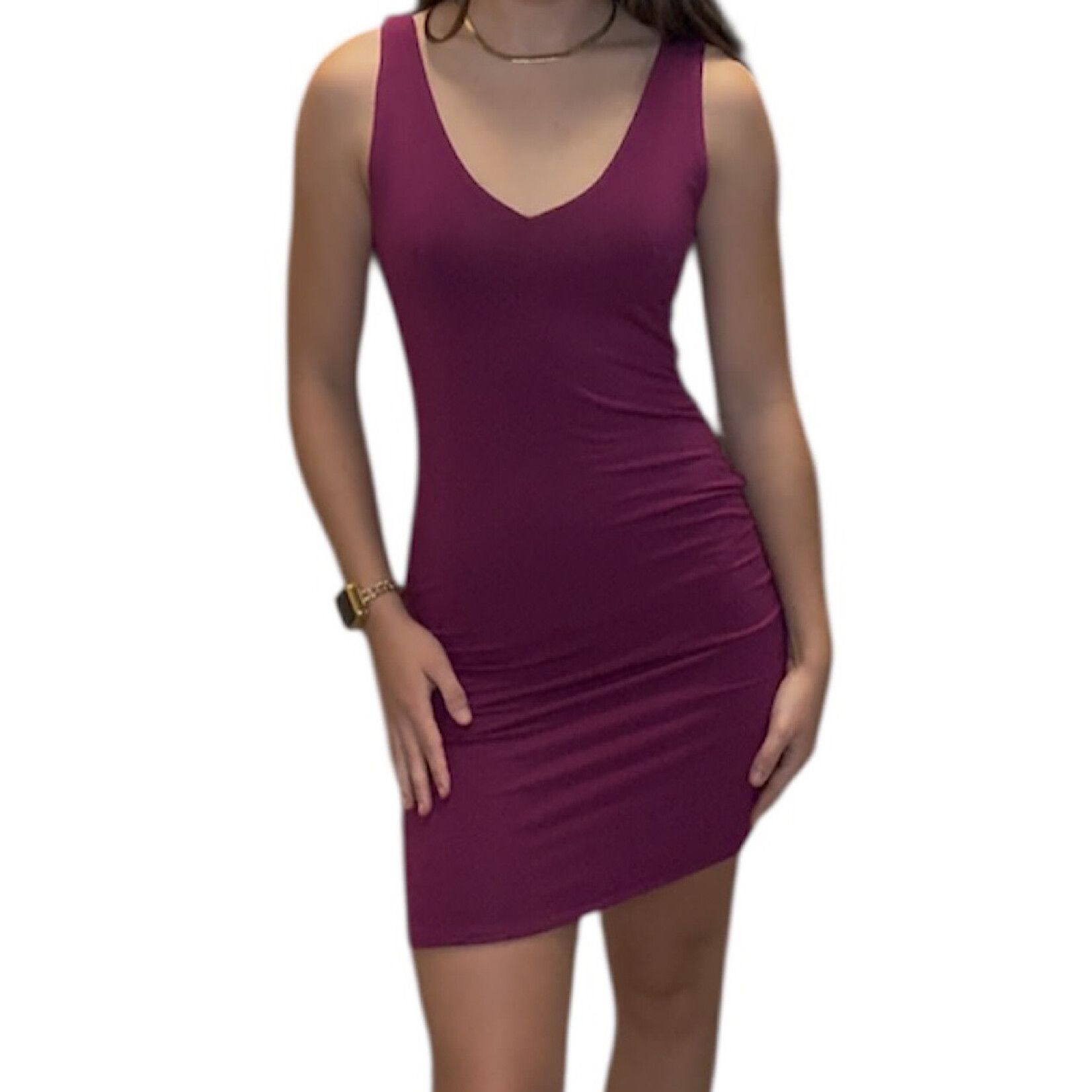Raspberry Basic Sleeveless V Neck Knit Mini Dress