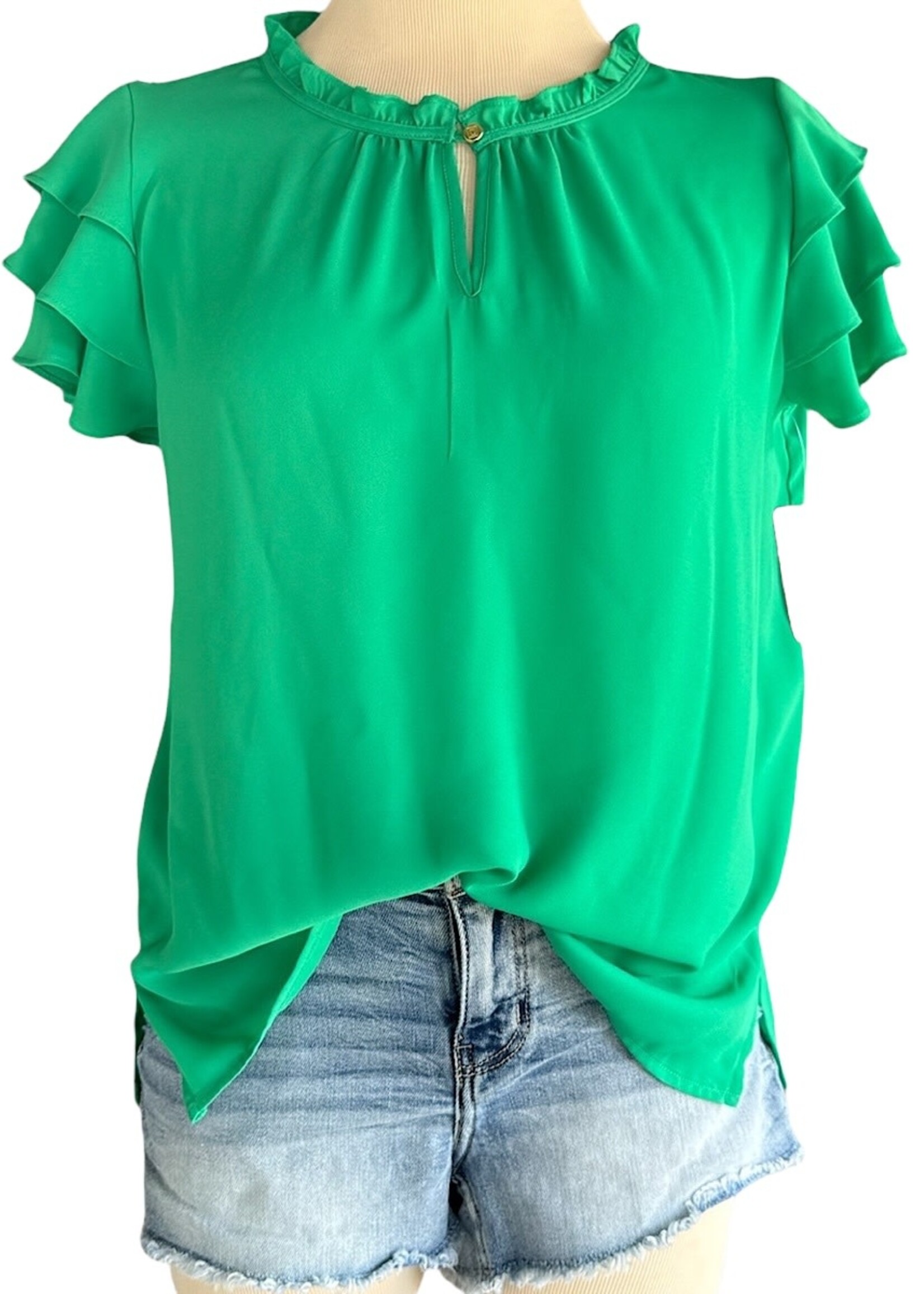 Kelly Green Tiered Sleeve Blouse Size Small -RF