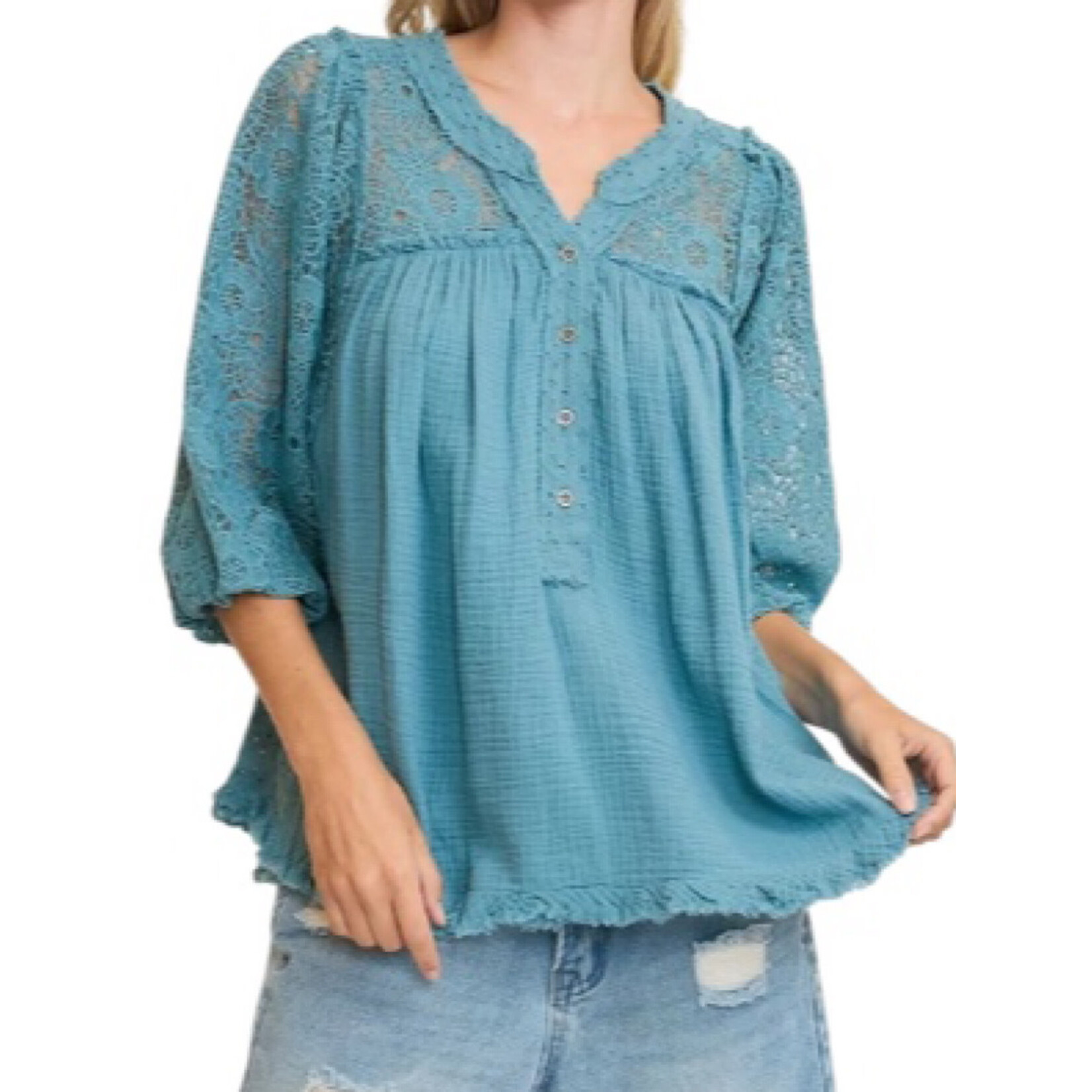 Light Blue Lace Detail Henley Top