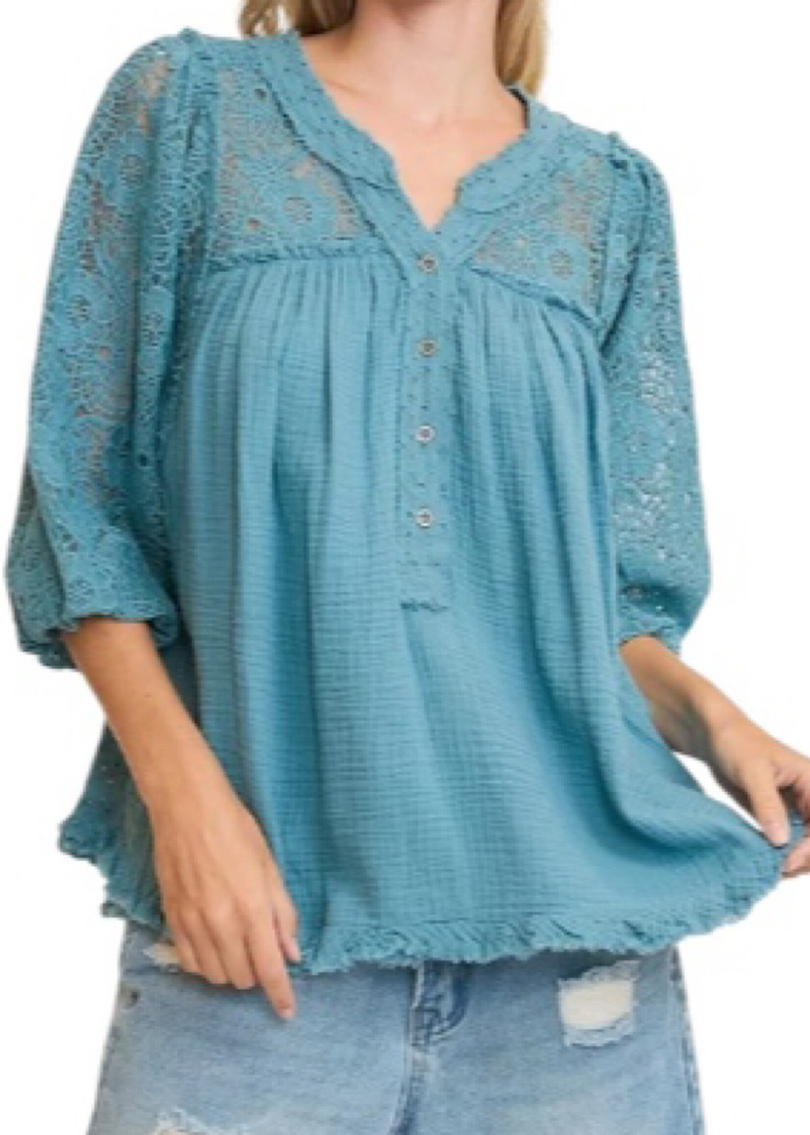 Light Blue Lace Detail Henley Top