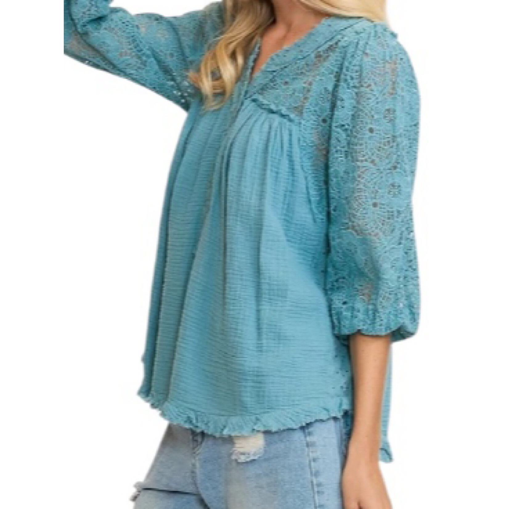 Light Blue Lace Detail Henley Top