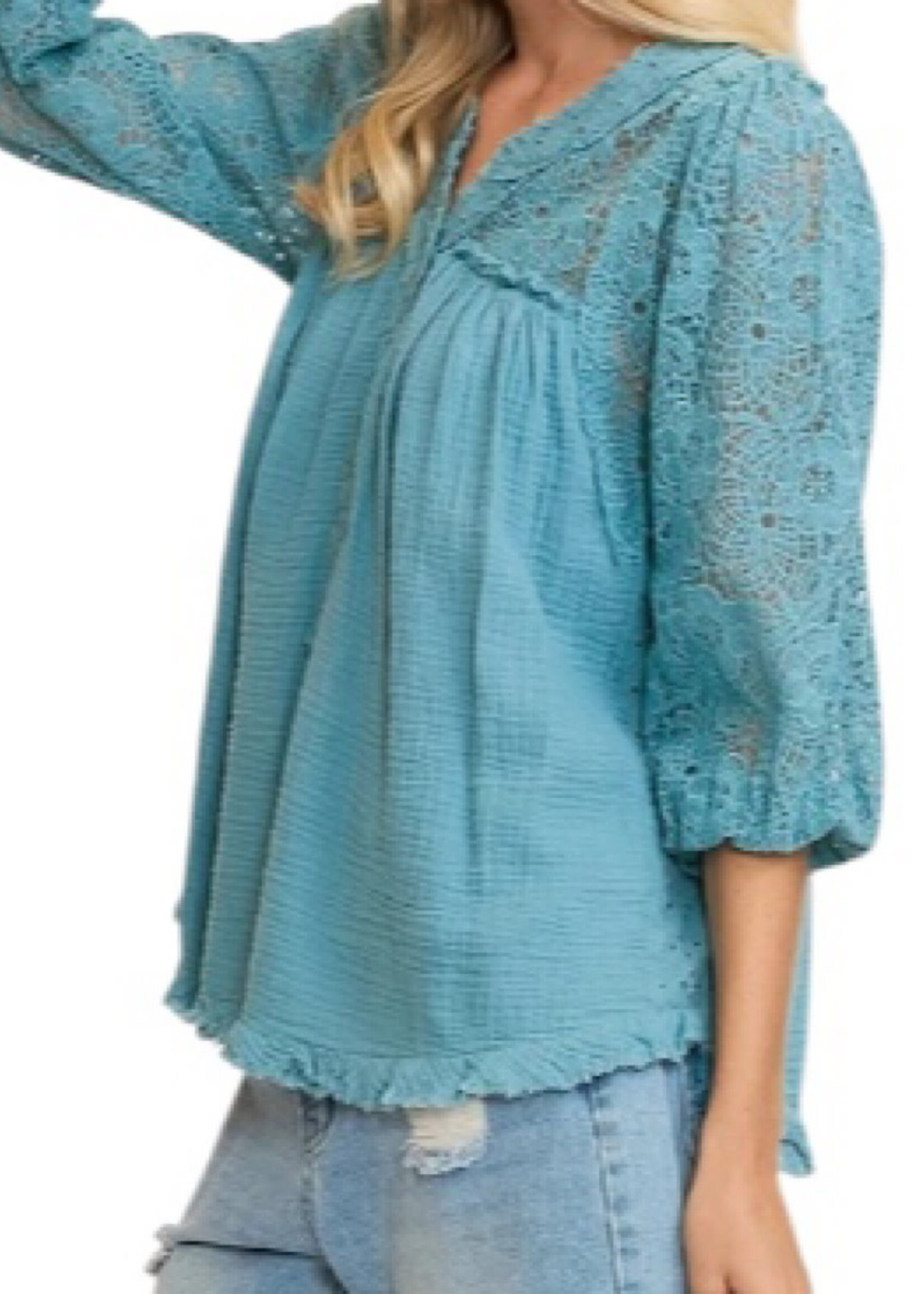 Light Blue Lace Detail Henley Top