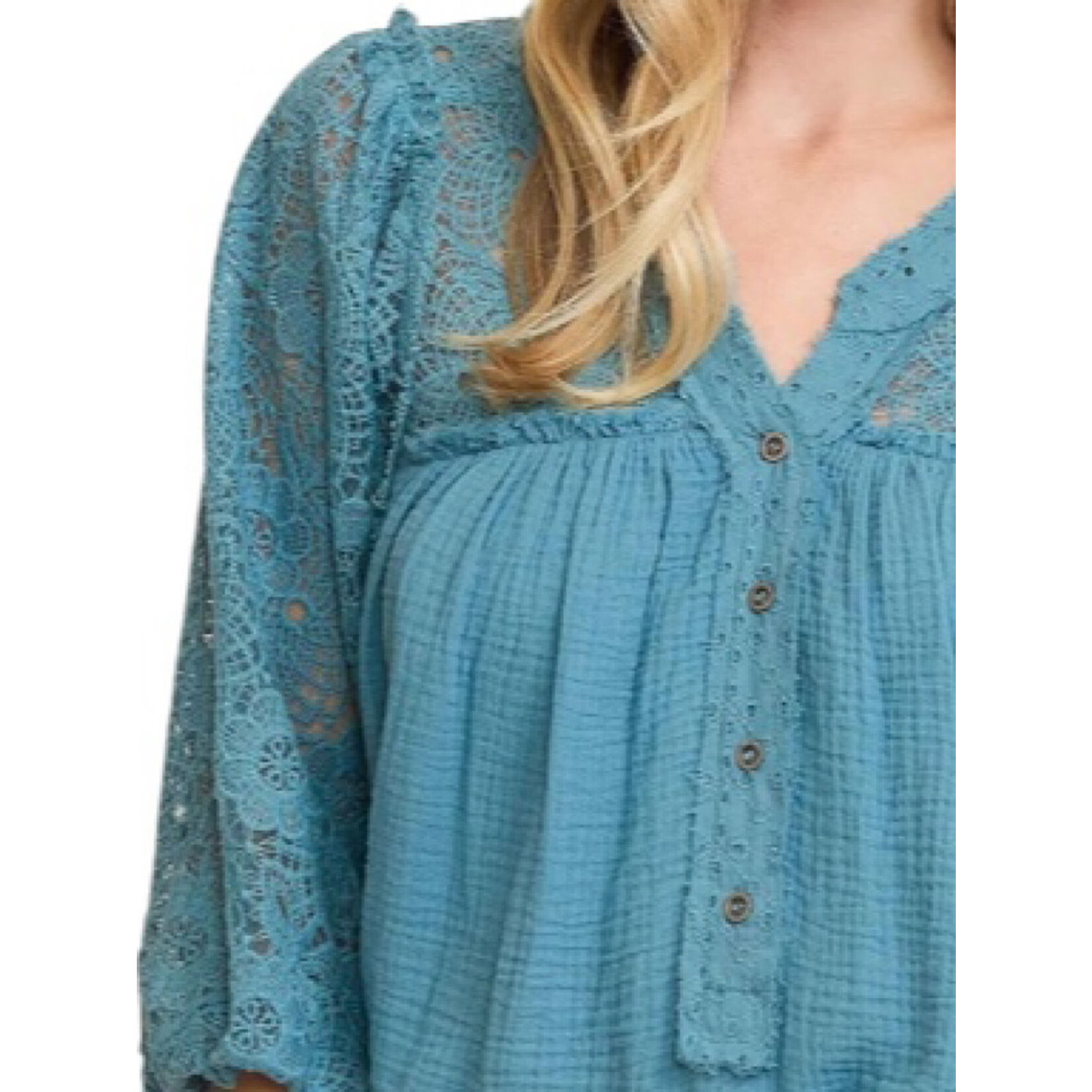 Light Blue Lace Detail Henley Top