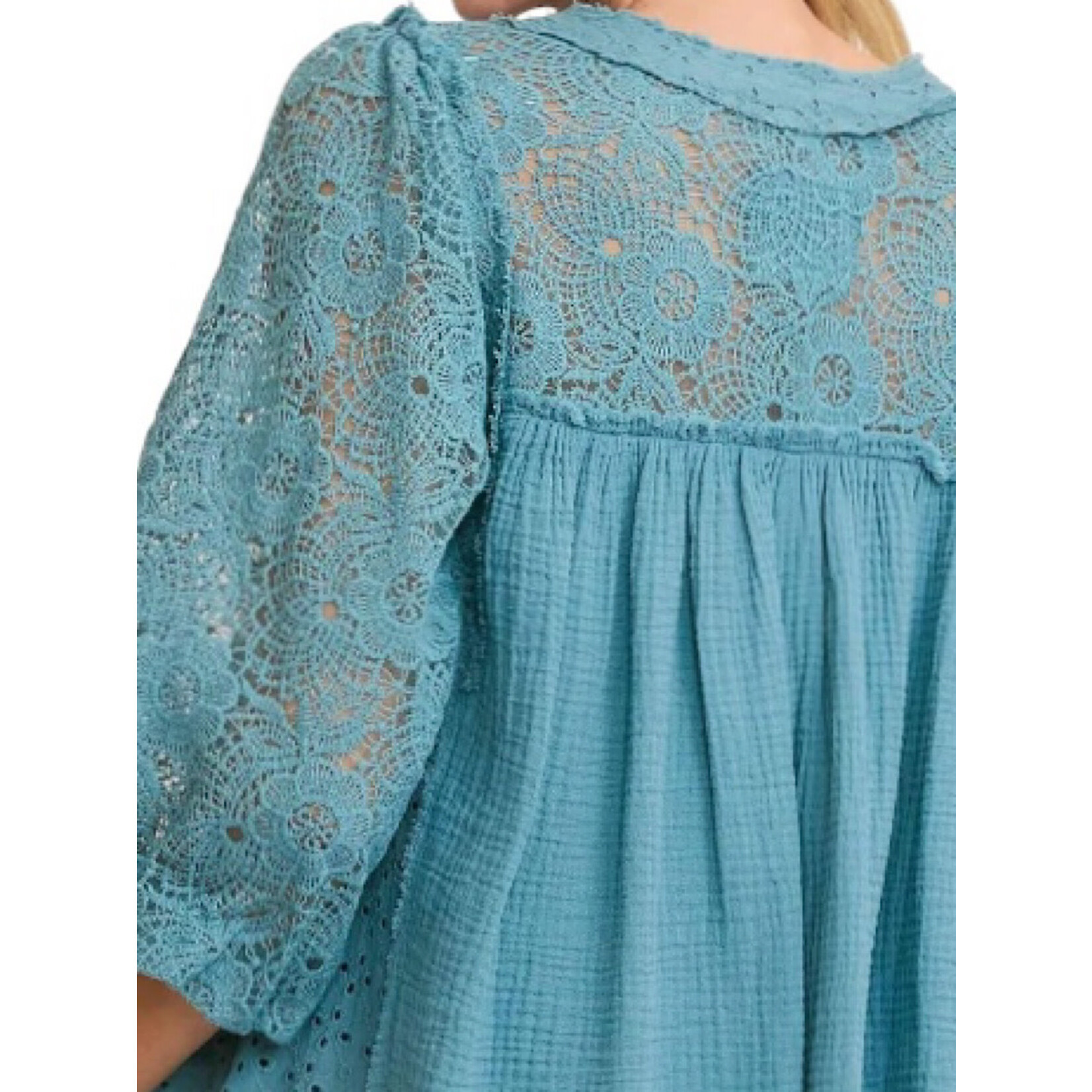 Light Blue Lace Detail Henley Top