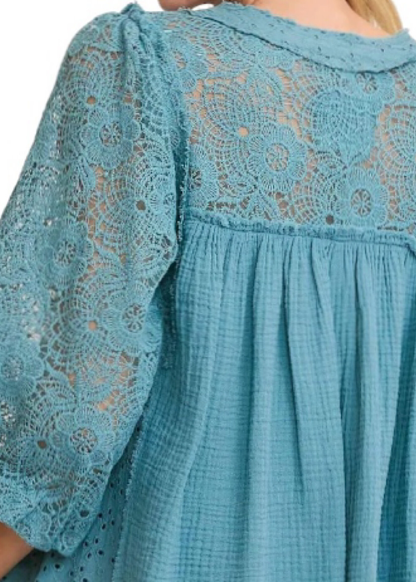Light Blue Lace Detail Henley Top