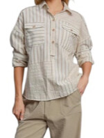 Tan Colorblocked Half Button Down Shirt