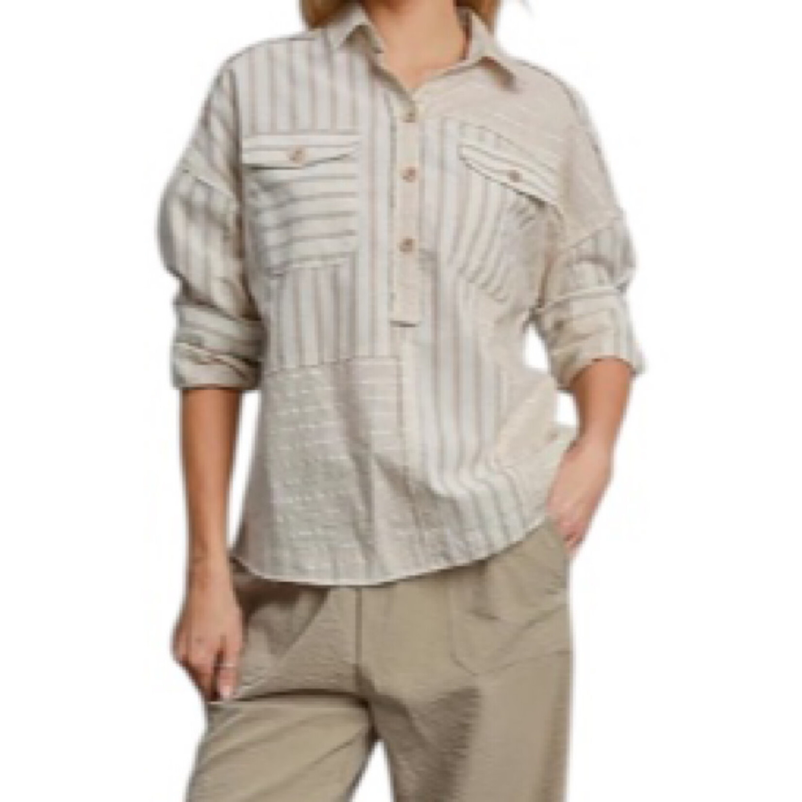 Tan Colorblocked Half Button Down Shirt