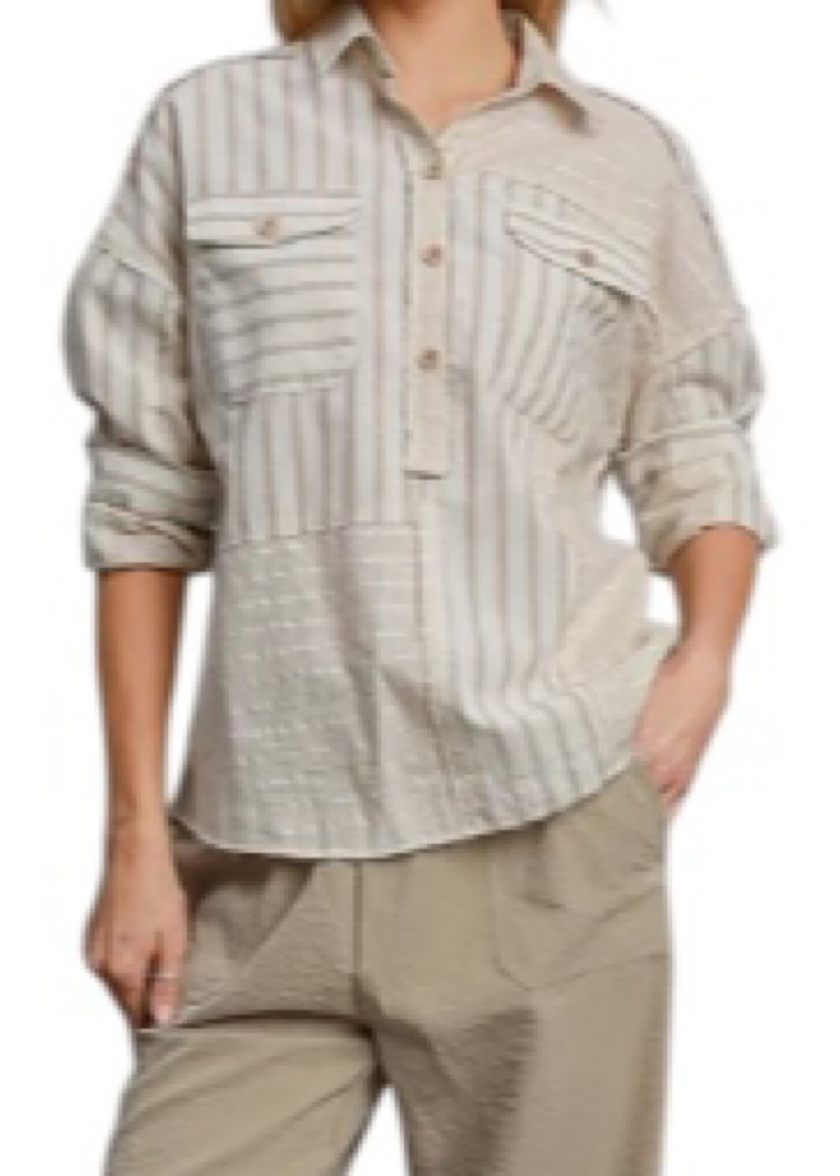 Tan Colorblocked Half Button Down Shirt