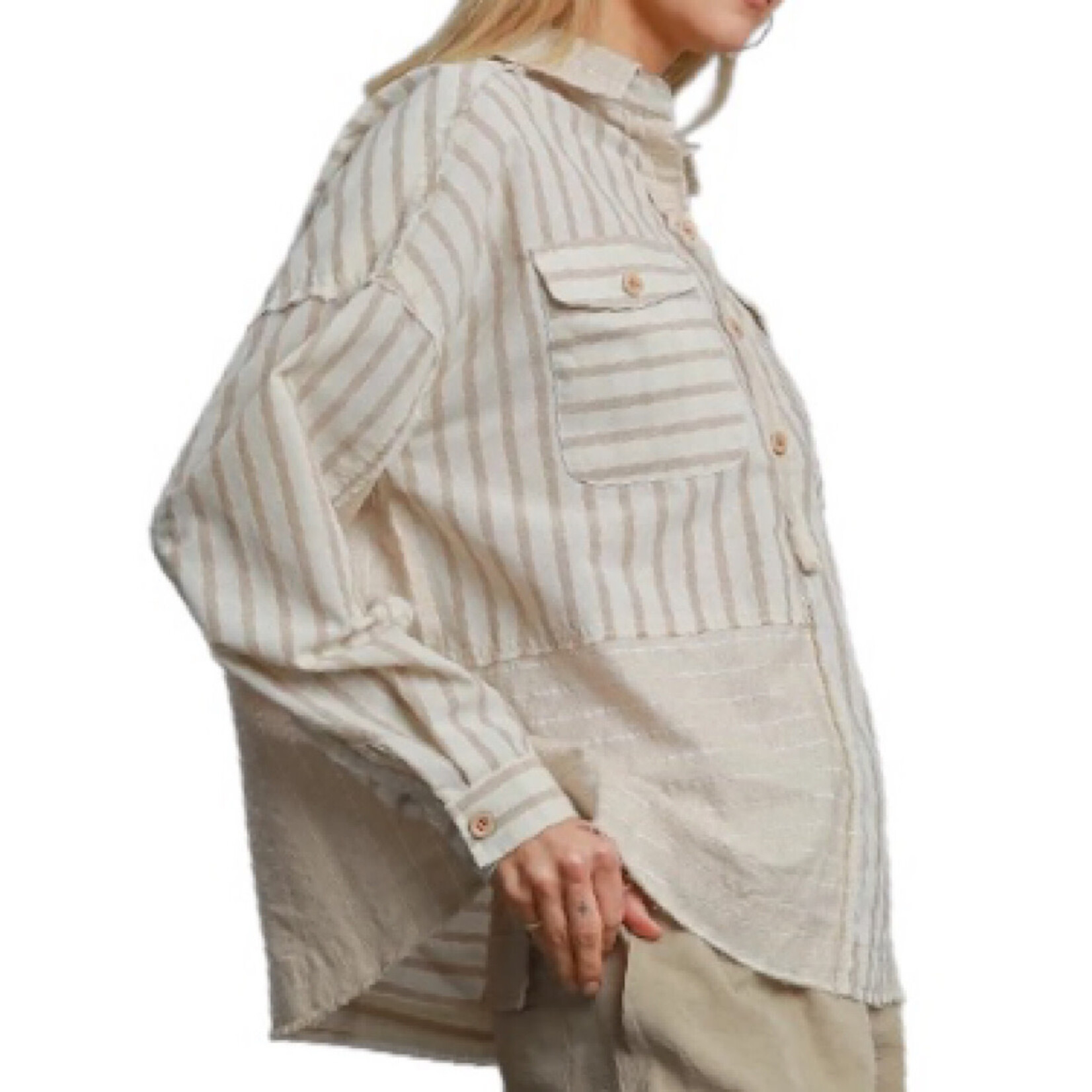 Tan Colorblocked Half Button Down Shirt