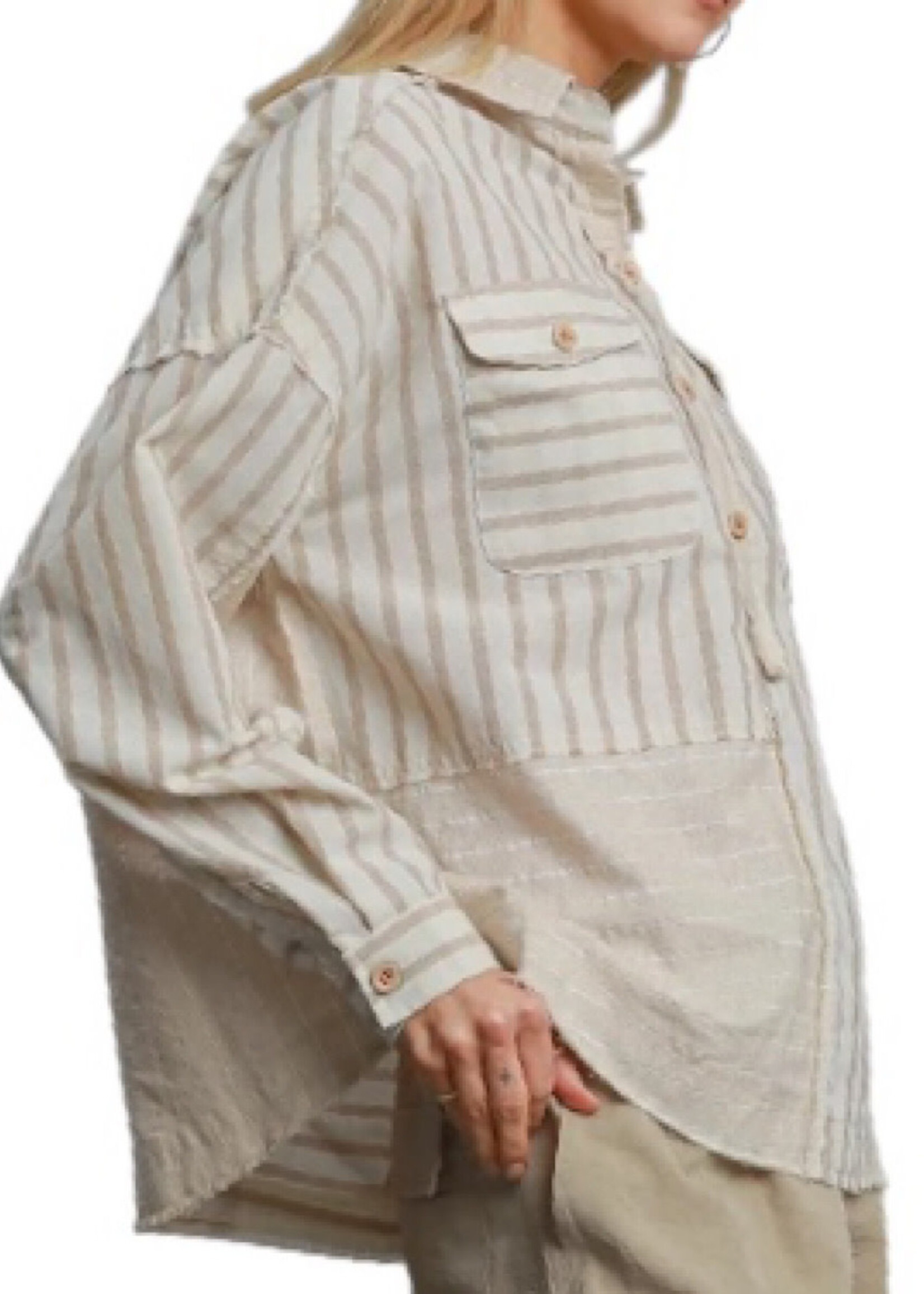 Tan Colorblocked Half Button Down Shirt