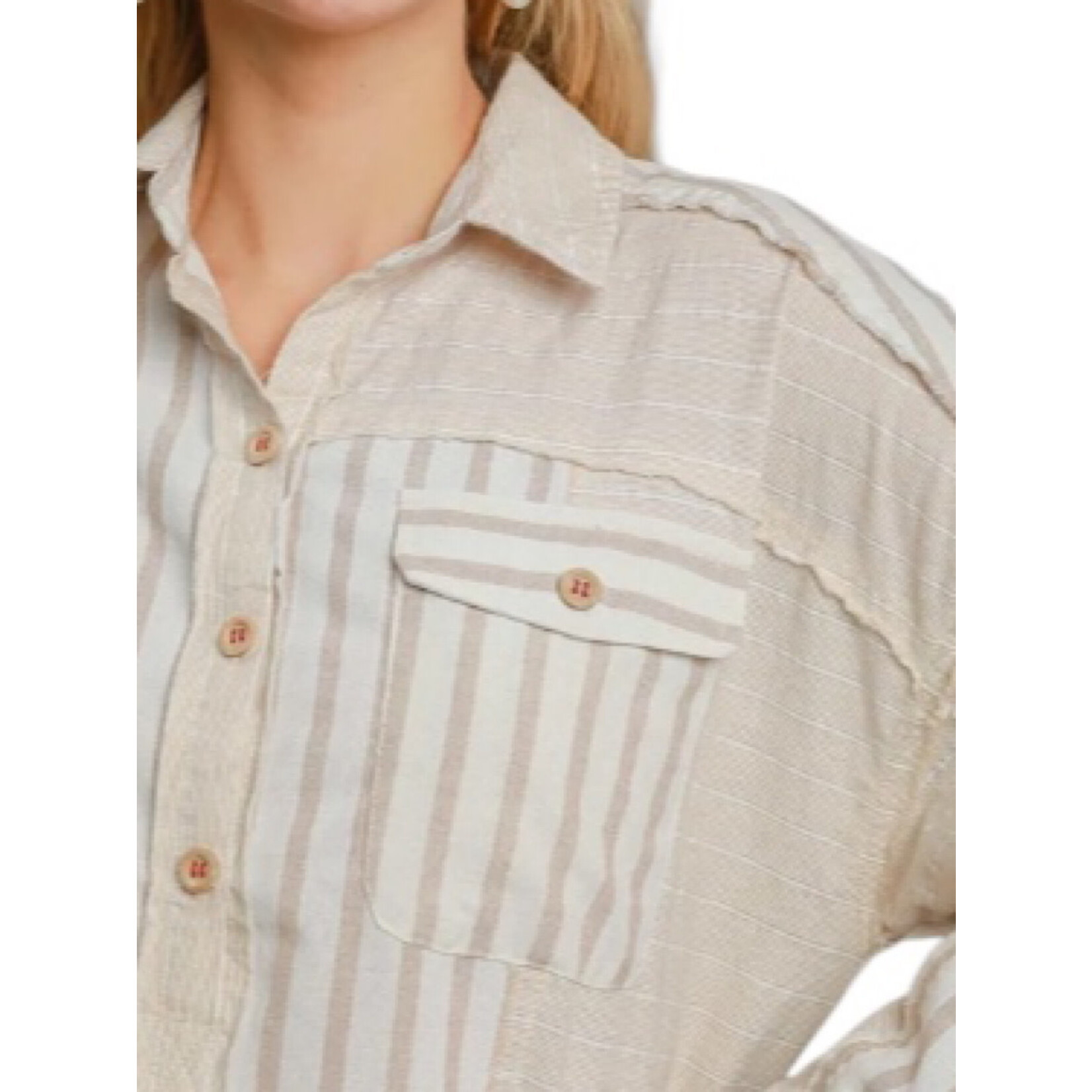 Tan Colorblocked Half Button Down Shirt